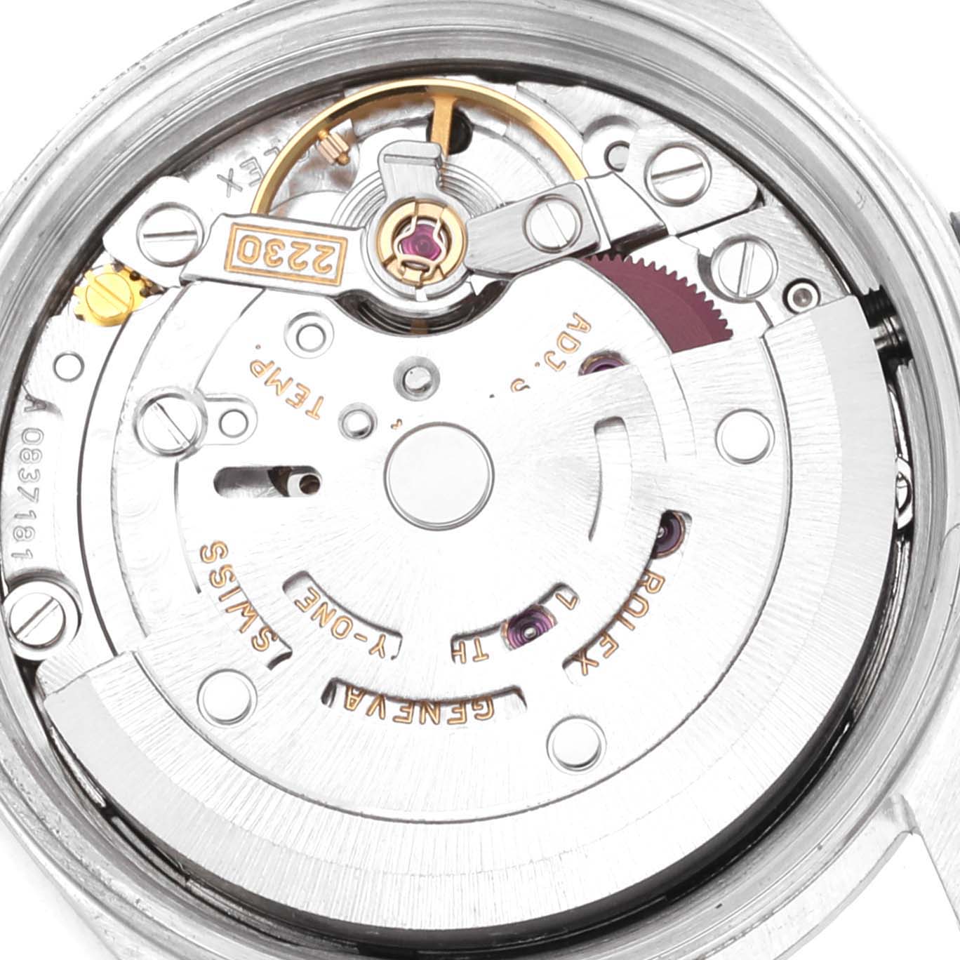 This image shows the intricate internal mechanism of a Rolex Oyster Perpetual 76094 Women's Stainless Steel Black Dial 76094 Women's Stainless Steel Black Dial watch, viewed from the back.