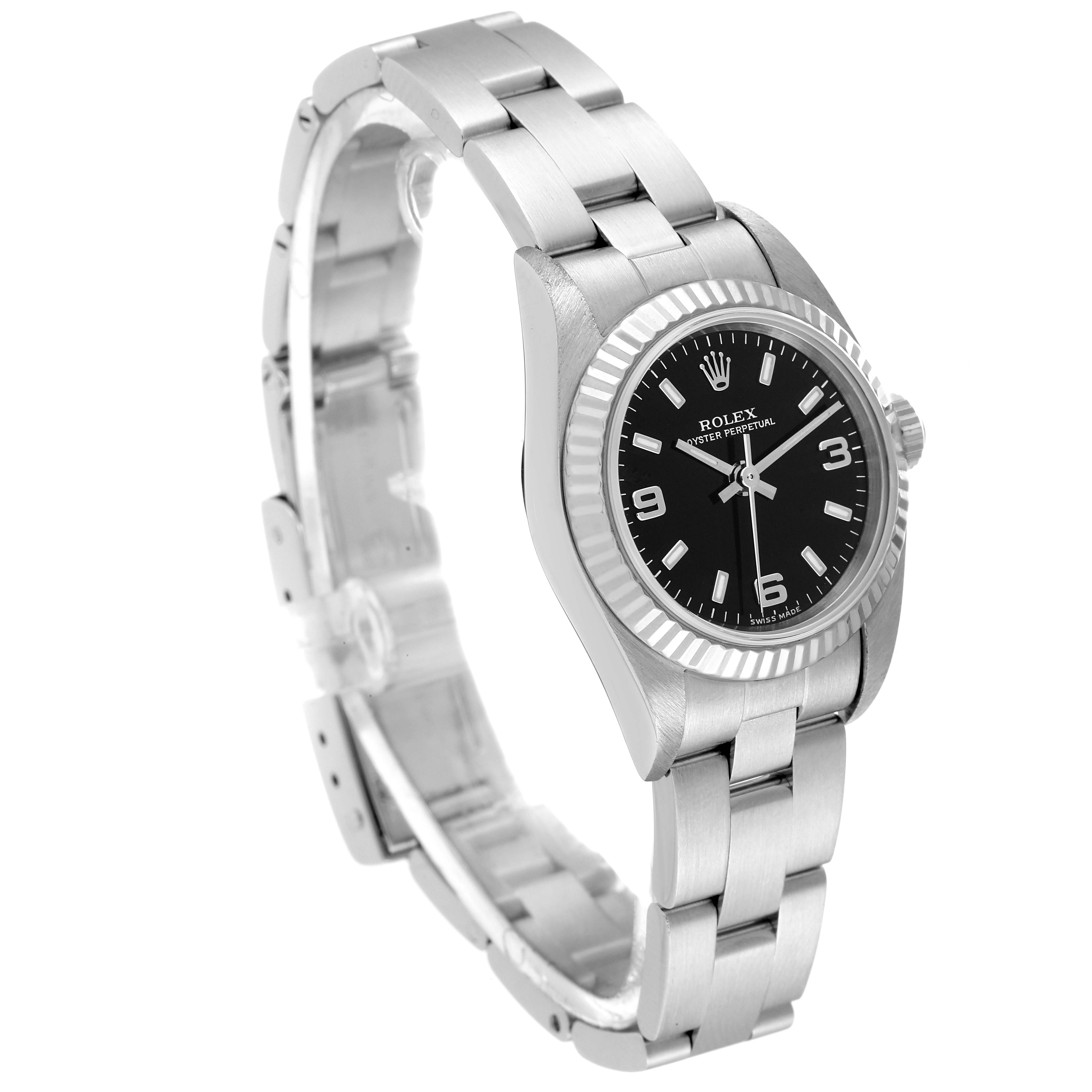 The Rolex Oyster Perpetual 76094 Women's Stainless Steel Black Dial 76094 Women's Stainless Steel Black Dial watch is shown at a front angle, displaying its face, bezel, and bracelet.