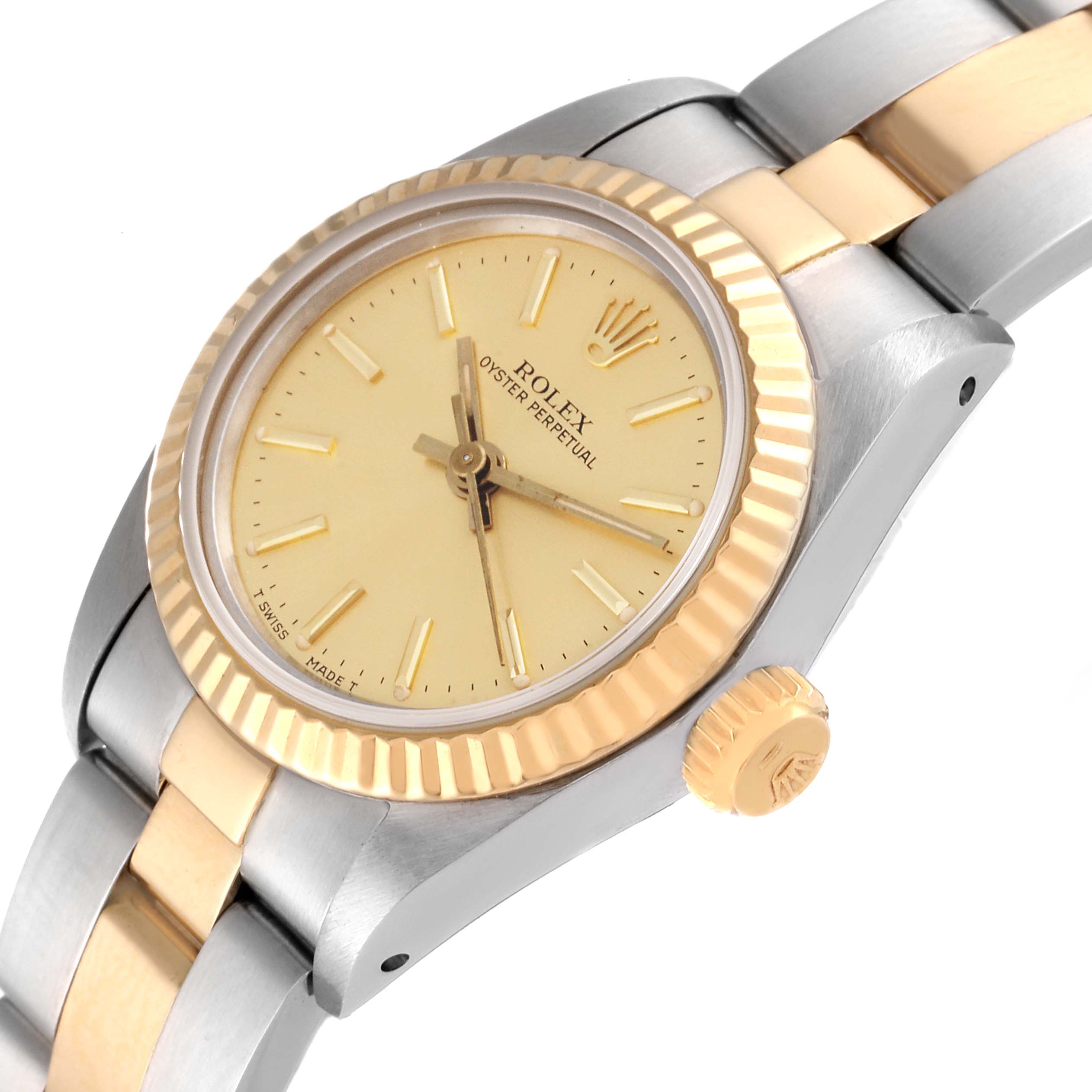 The image shows a close-up angled view of the Rolex Oyster Perpetual 67193 Women's Steel and Gold (two tone) Champagne Dial 67193 Women's Steel and Gold (two tone) Champagne Dial watch, highlighting the dial, crown, and part of the bracelet.