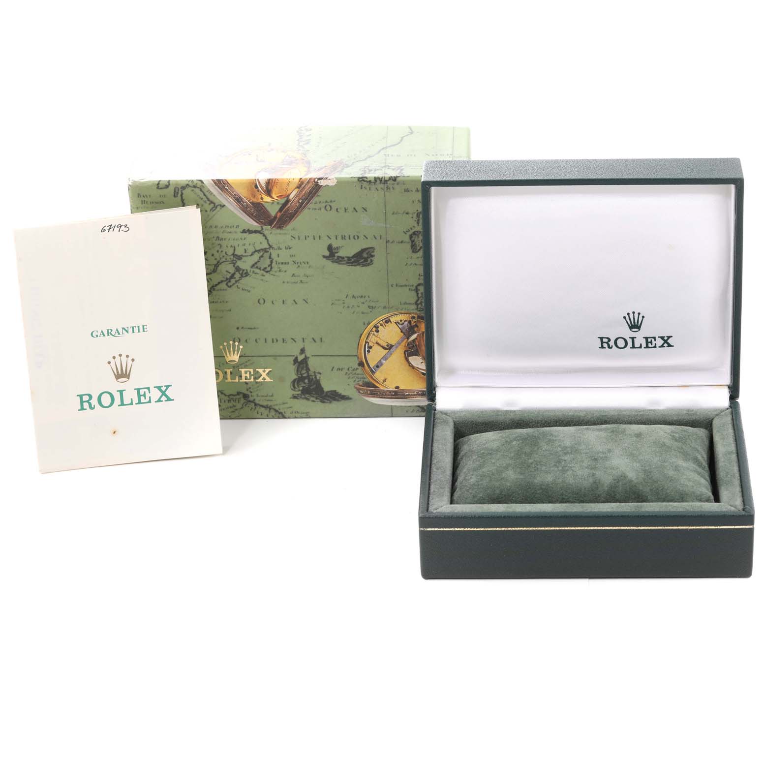 The image shows the open box and warranty booklet for a Rolex Oyster Perpetual 67193 Women's Steel and Gold (two tone) Champagne Dial 67193 Women's Steel and Gold (two tone) Champagne Dial watch from a frontal angle.