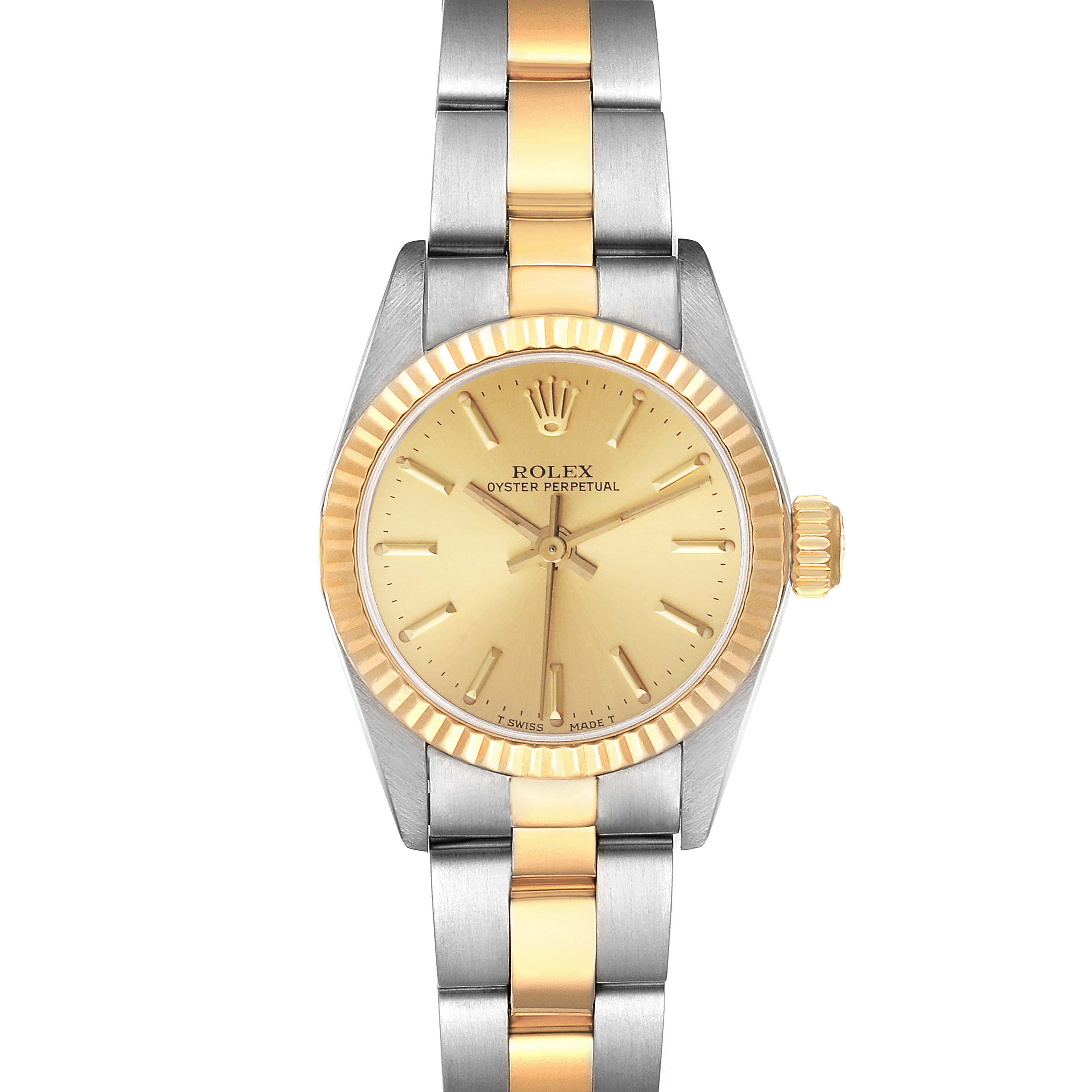 The image shows a Rolex Oyster Perpetual 67193 Women's Steel and Gold (two tone) Champagne Dial 67193 Women's Steel and Gold (two tone) Champagne Dial watch from a front angle, highlighting its gold dial, bezel, and two-tone bracelet.