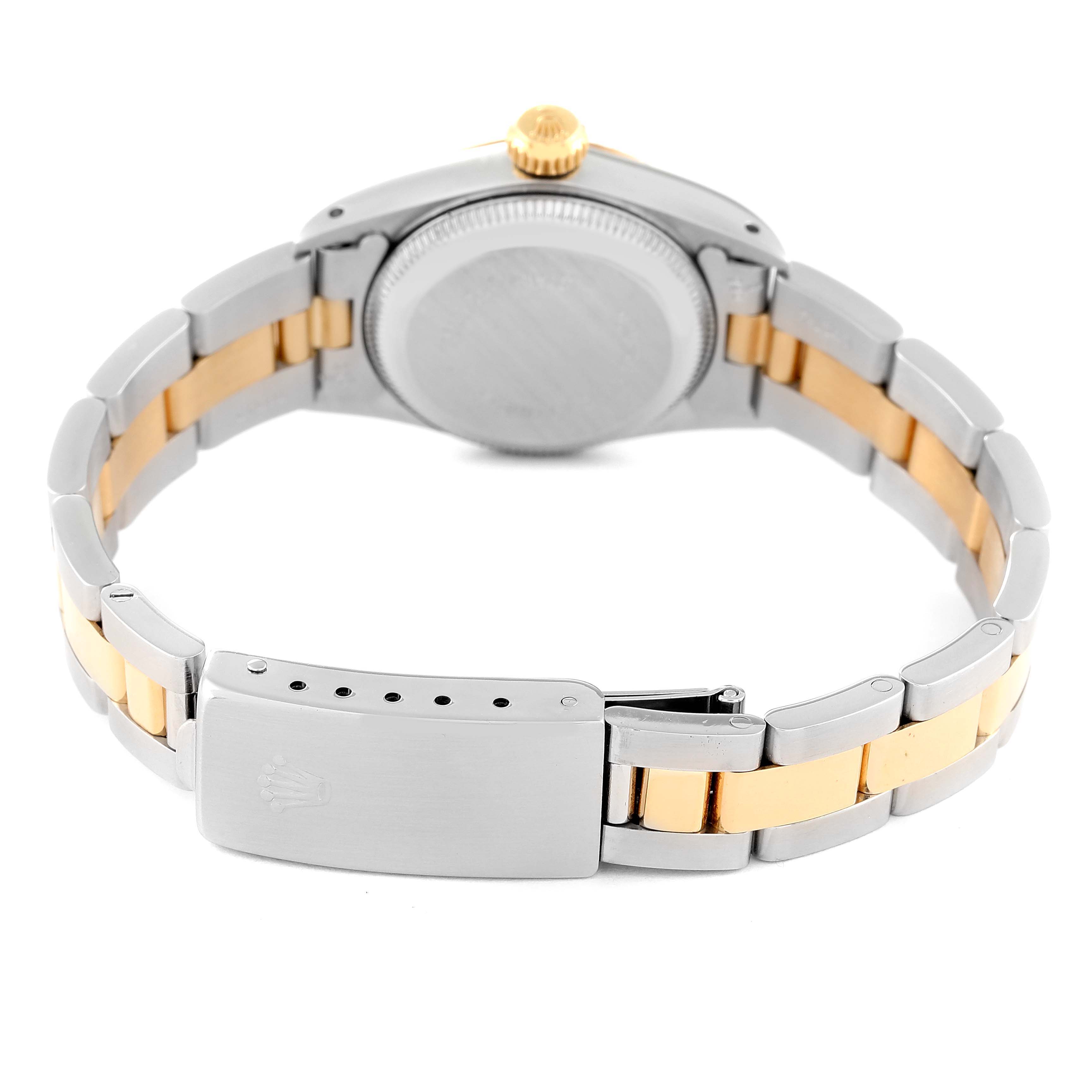 The image shows the back view of the Rolex Oyster Perpetual 67193 Women's Steel and Gold (two tone) Champagne Dial 67193 Women's Steel and Gold (two tone) Champagne Dial watch, highlighting its two-tone bracelet and clasp.