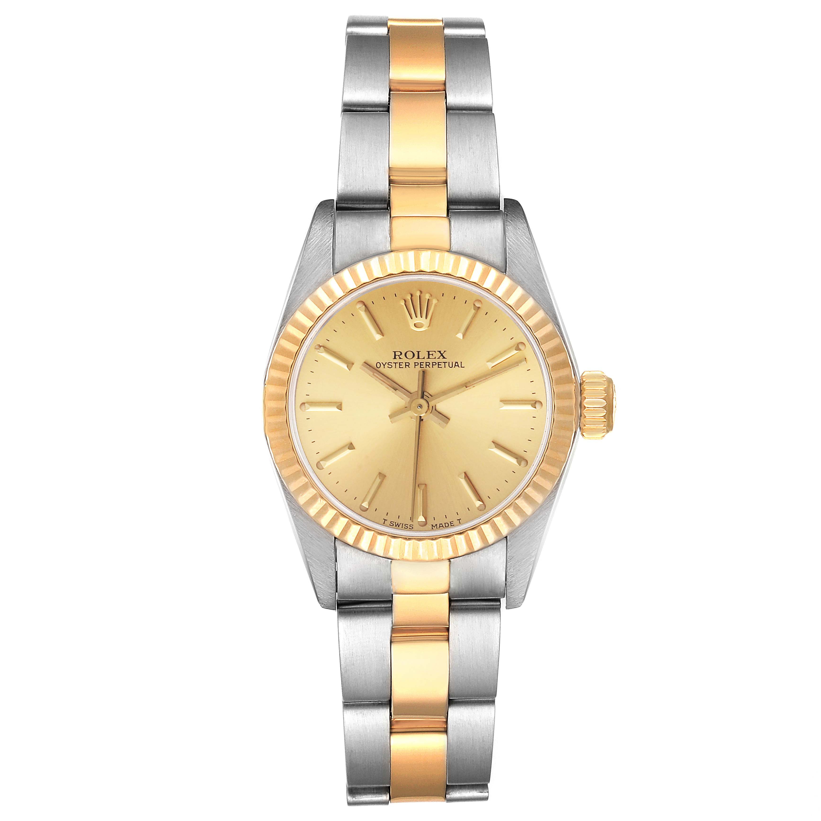 The Rolex Oyster Perpetual 67193 Women's Steel and Gold (two tone) Champagne Dial 67193 Women's Steel and Gold (two tone) Champagne Dial watch is shown in a top-down view, highlighting the dial, bezel, and bracelet.