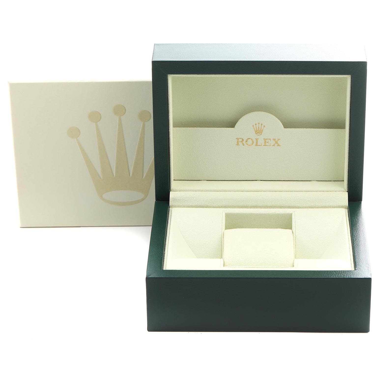 The image shows an open Rolex watch box for the Pearlmaster model, displaying its interior cushioning and exterior packaging.