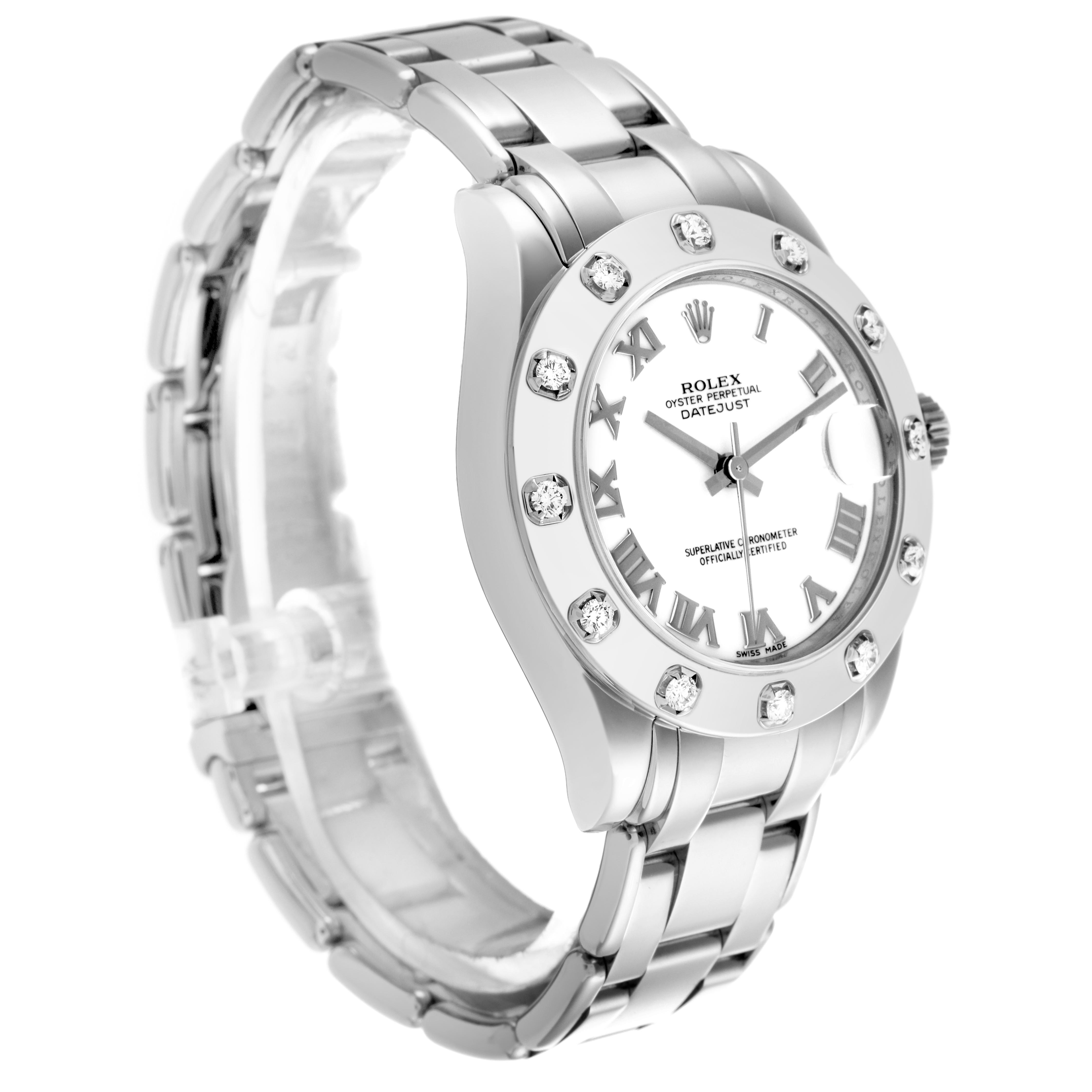 The Rolex Pearlmaster 81319 Women
s White Gold White Dial 81319 Women
s White Gold White Dial watch is shown at a three-quarter angle, displaying the face, bezel, and part of the bracelet.