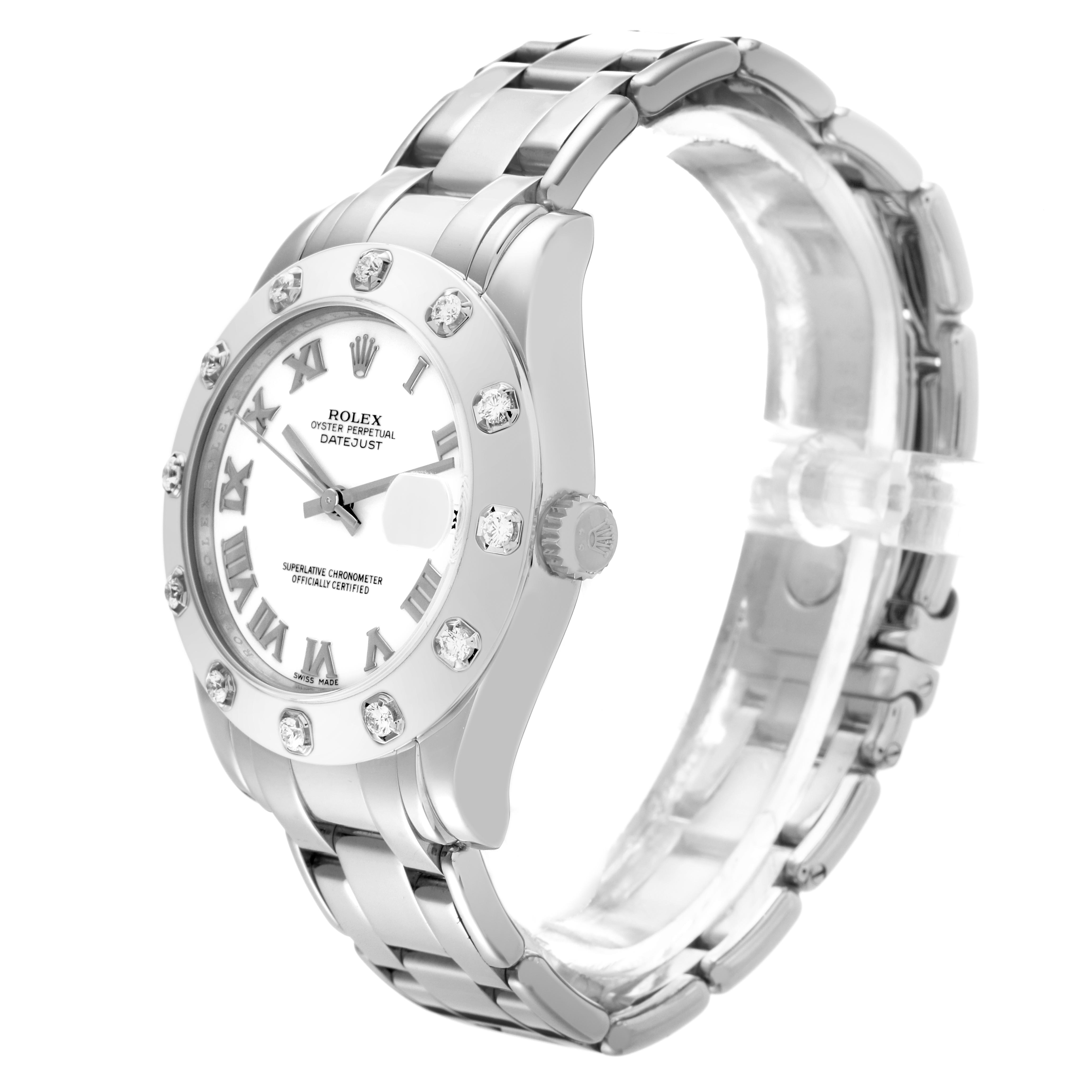 The Rolex Pearlmaster 81319 Women
s White Gold White Dial 81319 Women
s White Gold White Dial watch is shown at a three-quarter angle, displaying the bracelet, bezel, and dial with Roman numerals and diamonds.