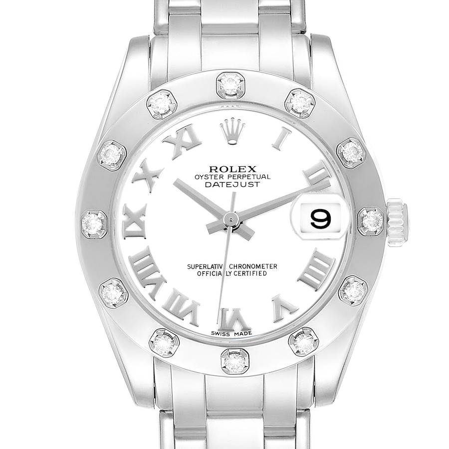 The Rolex Pearlmaster watch is shown from a front angle, highlighting the dial, bezel with diamond markers, and part of the bracelet.