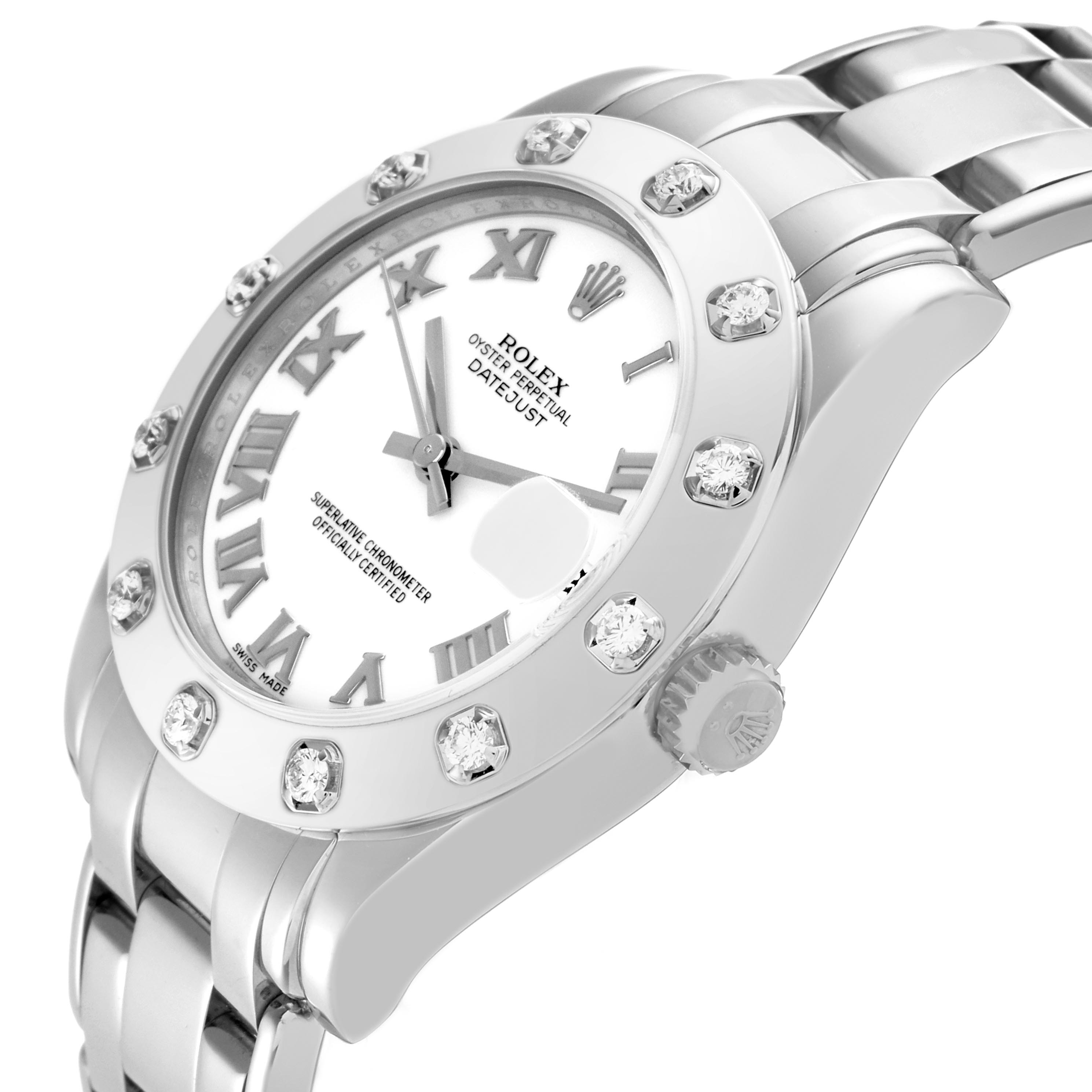 The Rolex Pearlmaster 81319 Women
s White Gold White Dial 81319 Women
s White Gold White Dial watch is shown at a slight angle, highlighting the dial, bezel, crown, and part of the bracelet.