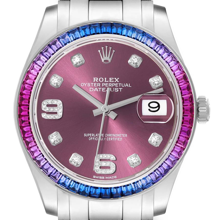 The Rolex Pearlmaster watch is shown from a frontal angle, featuring a colorful bezel and a purple dial with diamond markers.