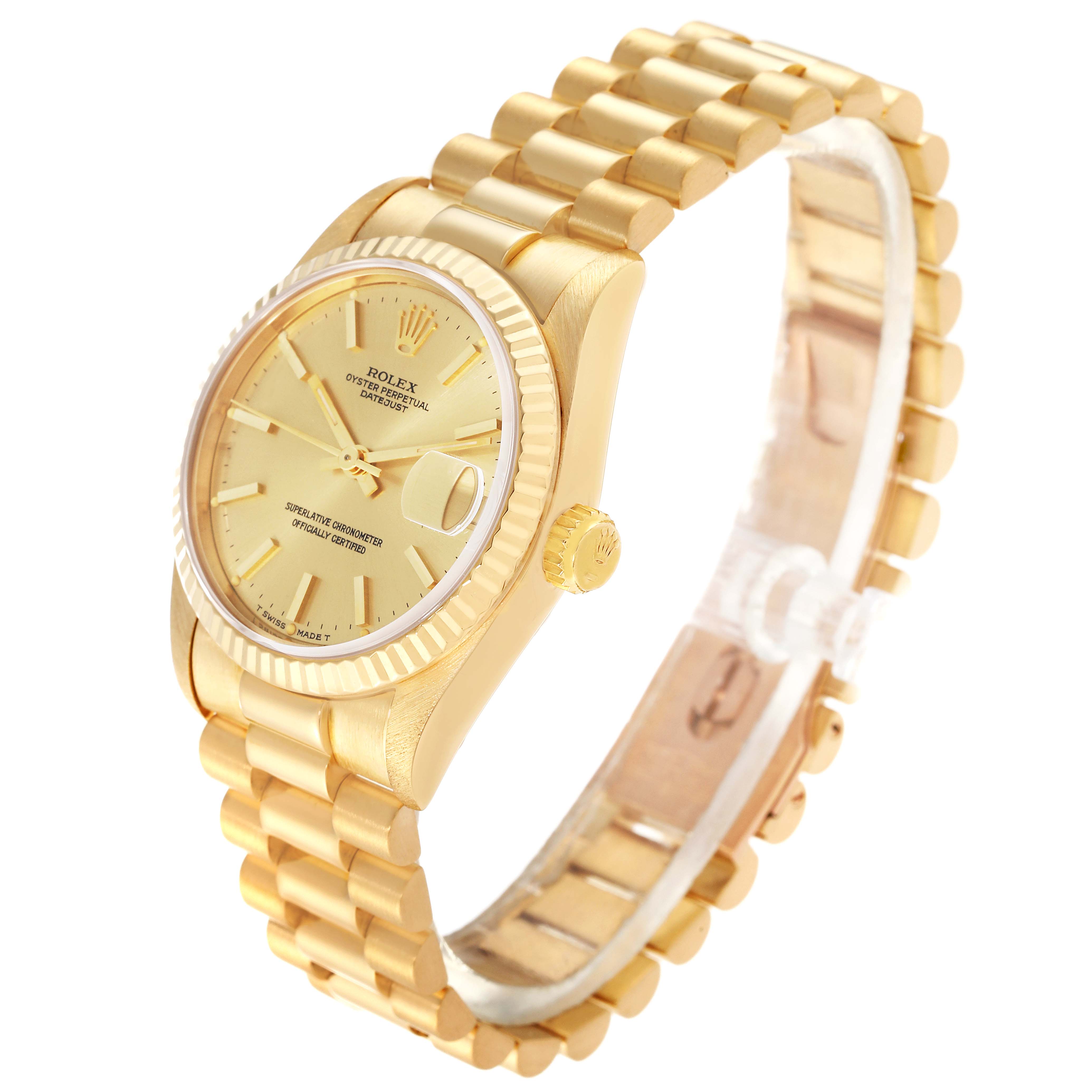 The image shows a side angle of a gold Rolex President 68278 Women's Yellow Gold Champagne Dial 68278 Women's Yellow Gold Champagne Dial model watch, displaying the dial, bracelet, bezel, and crown.
