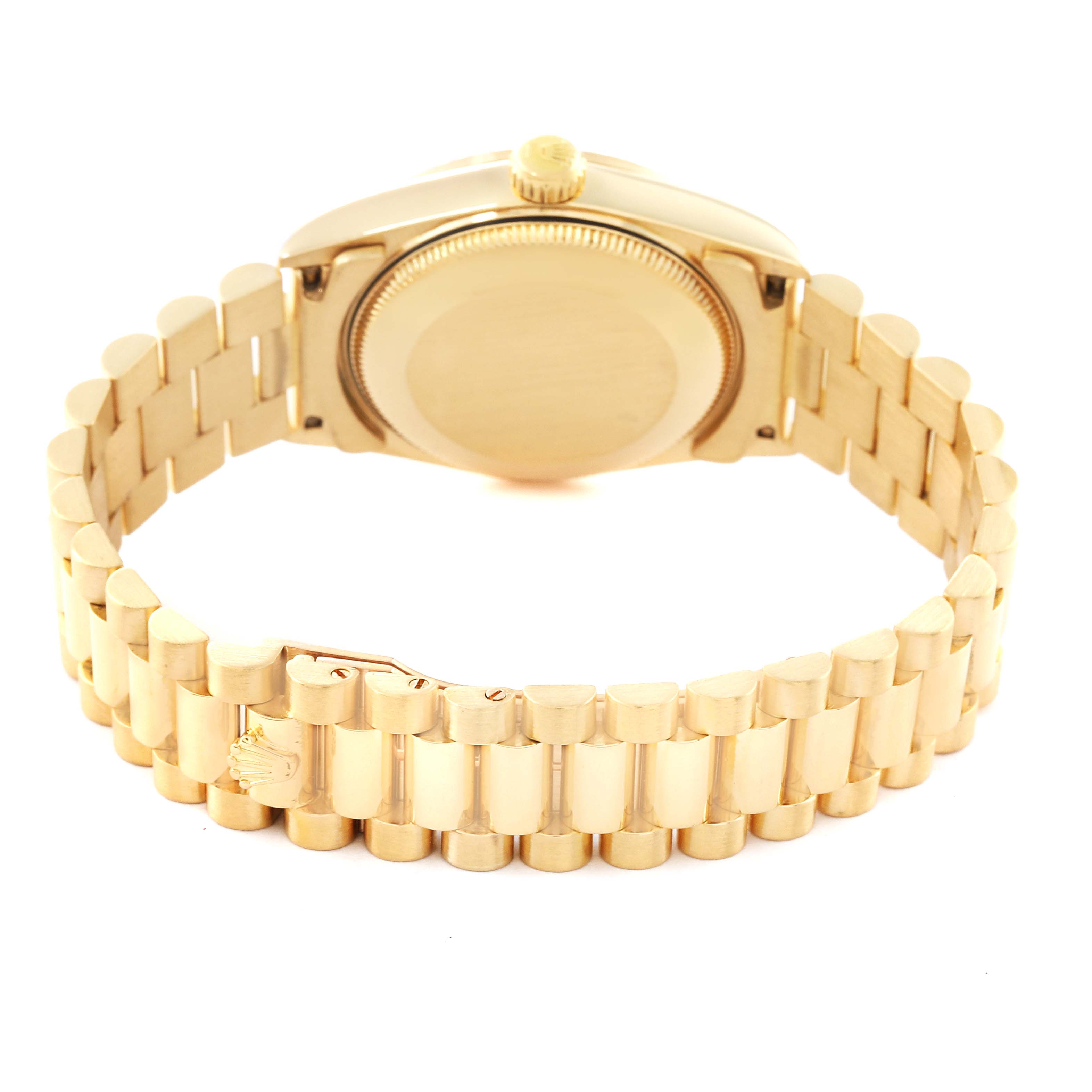 The image shows the back view of a Rolex President 68278 Women's Yellow Gold Champagne Dial 68278 Women's Yellow Gold Champagne Dial model, highlighting the case back and President bracelet.