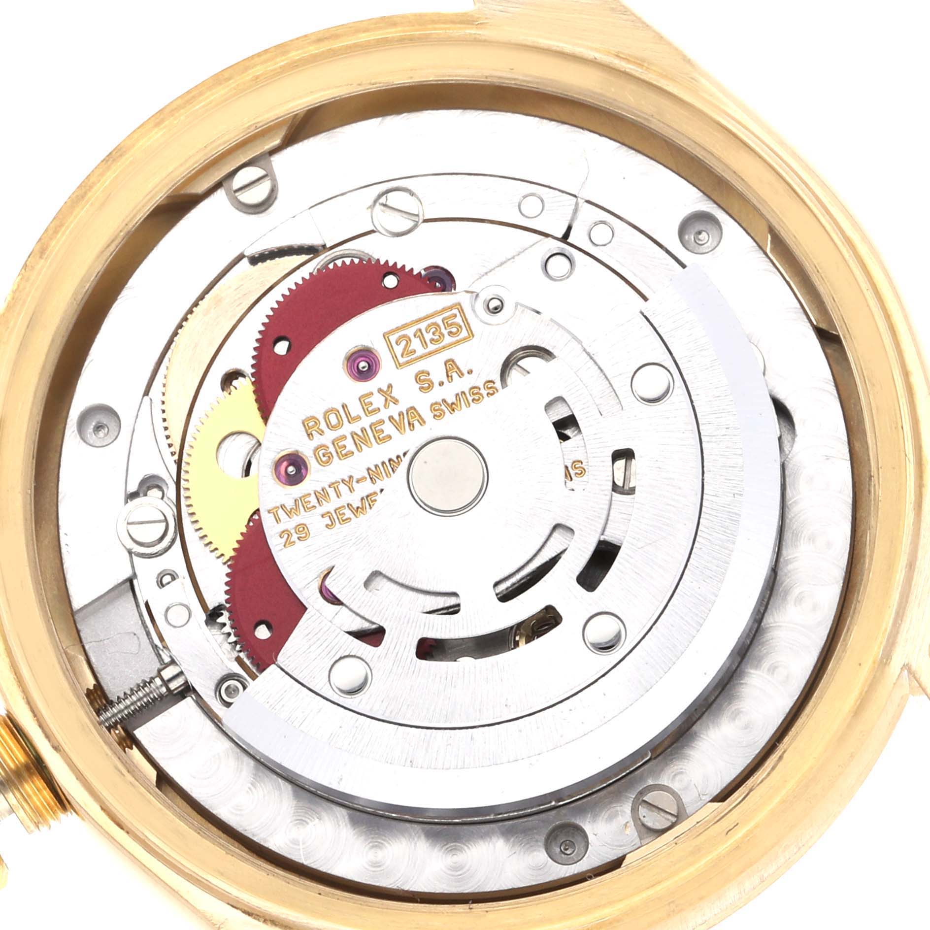 This image shows the internal mechanical movement of a Rolex President 68278 Women's Yellow Gold Champagne Dial 68278 Women's Yellow Gold Champagne Dial model watch, highlighting its intricate gears and components.