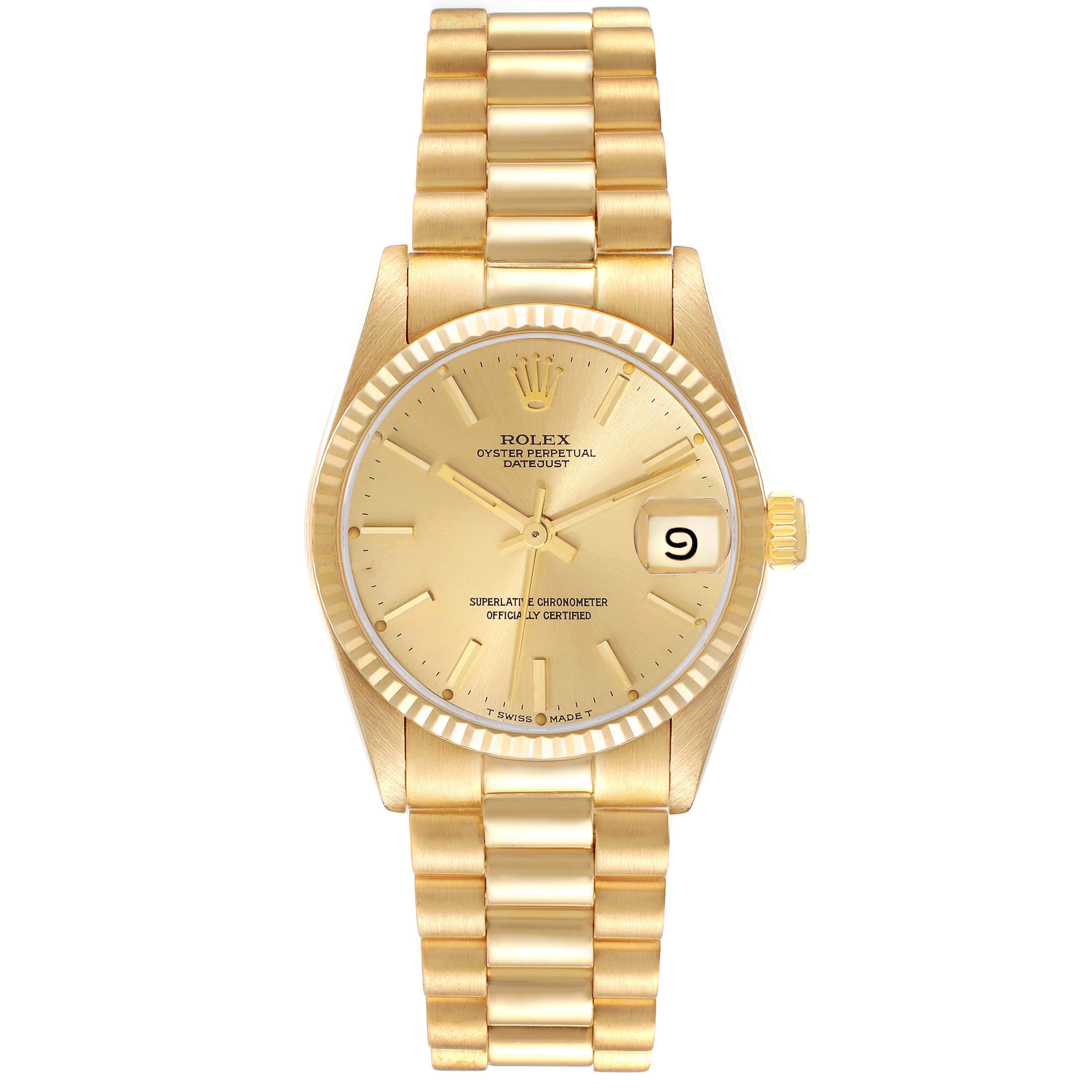 The image shows a front view of a Rolex President 68278 Women's Yellow Gold Champagne Dial 68278 Women's Yellow Gold Champagne Dial model watch, highlighting its band, face, and date feature.