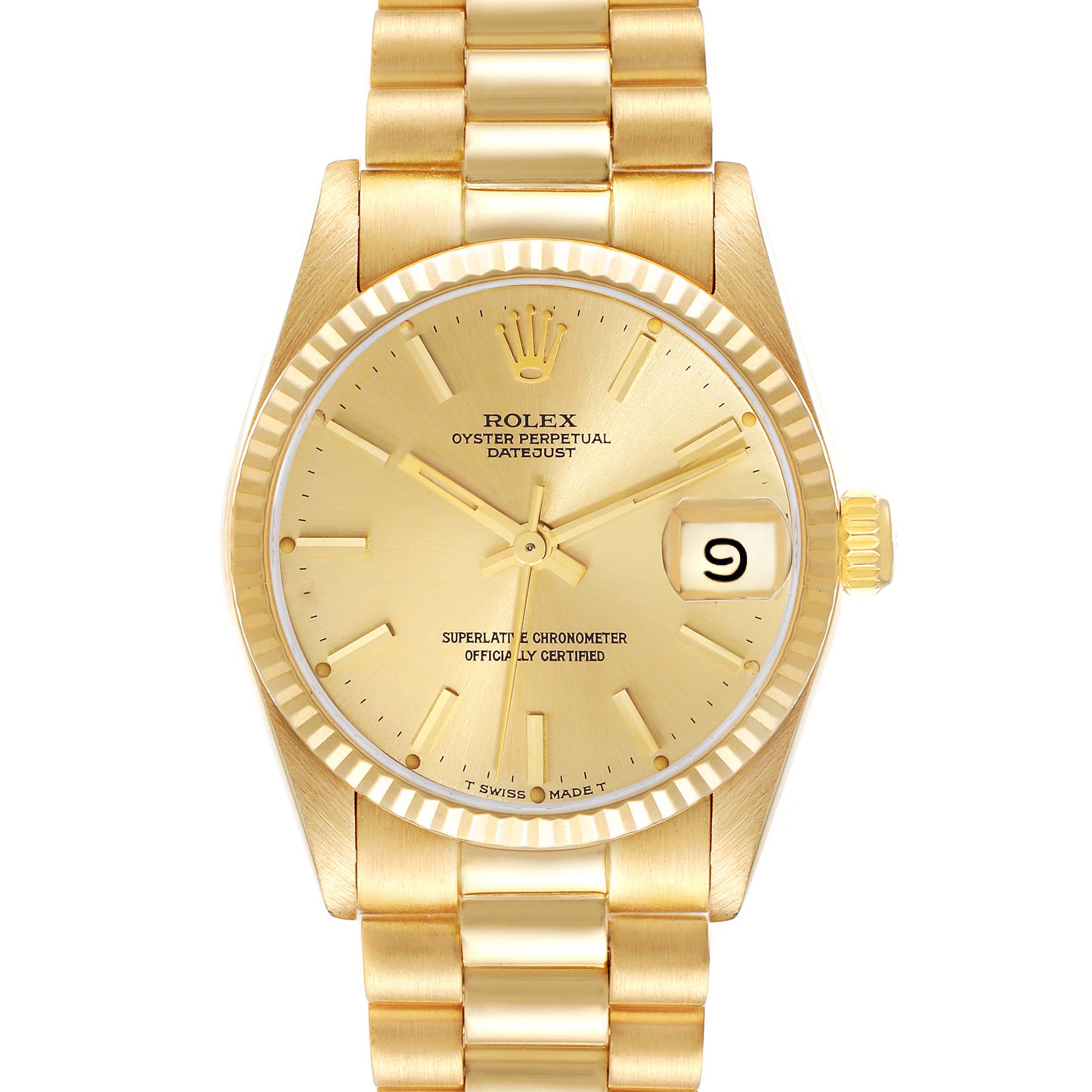 This gold Rolex President 68278 Women's Yellow Gold Champagne Dial 68278 Women's Yellow Gold Champagne Dial model watch shows a front view, displaying the face, bezel, crown, and bracelet.