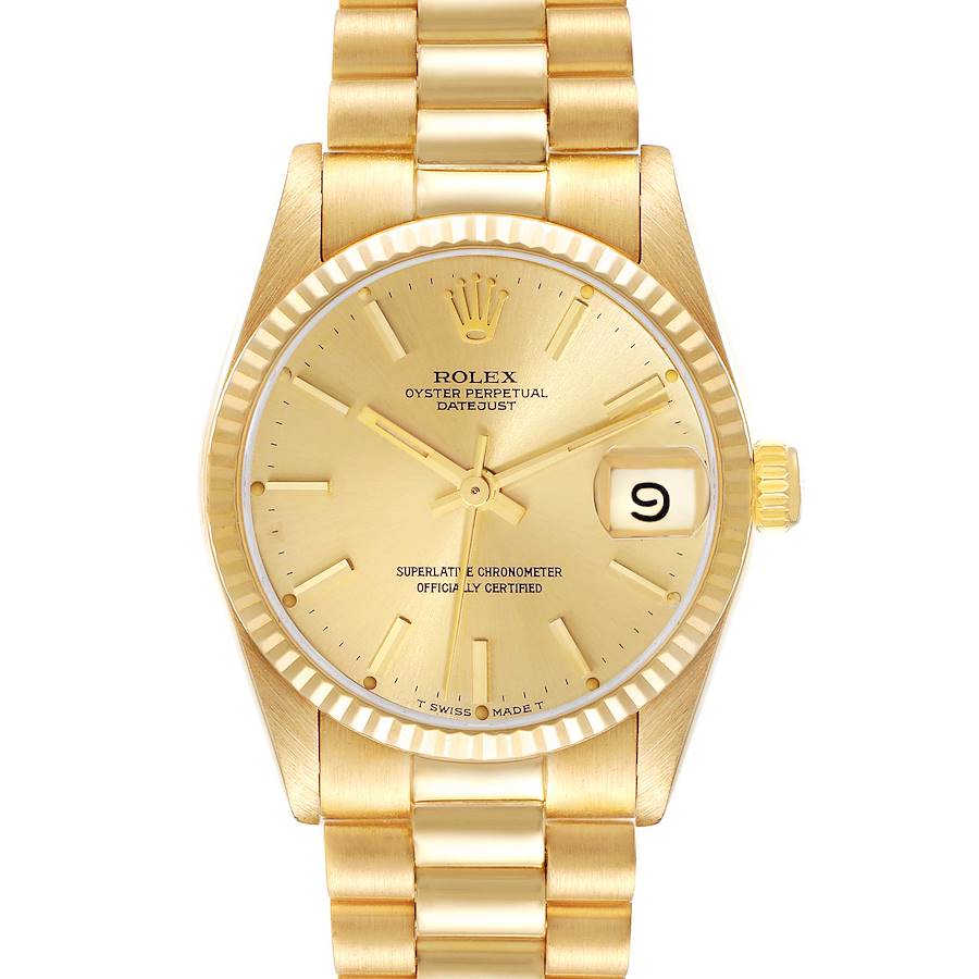 This gold Rolex President model watch shows a front view, displaying the face, bezel, crown, and bracelet.