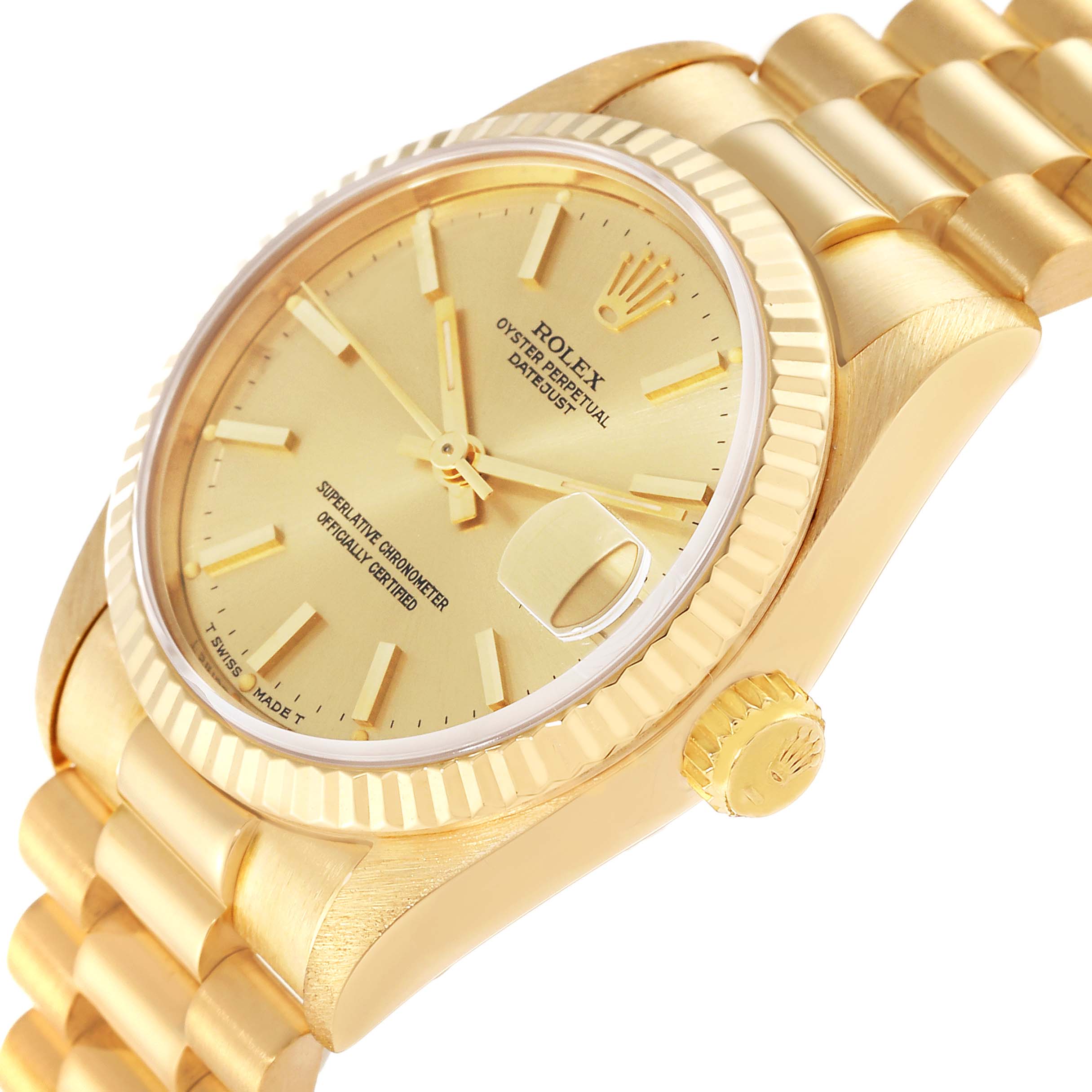 The image shows a side angle of a Rolex President 68278 Women's Yellow Gold Champagne Dial 68278 Women's Yellow Gold Champagne Dial model, highlighting the gold case, bracelet, crown, and dial with a date magnifier.