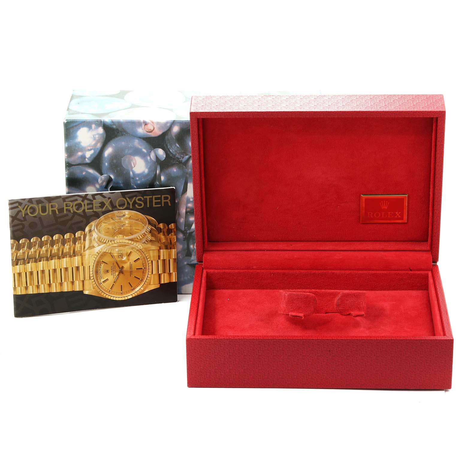 The image shows an empty Rolex President 69178 Women's Yellow Gold Mother of Pearl Dial 69178 Women's Yellow Gold Mother of Pearl Dial watch box, a booklet, and an outer box from a front angle.