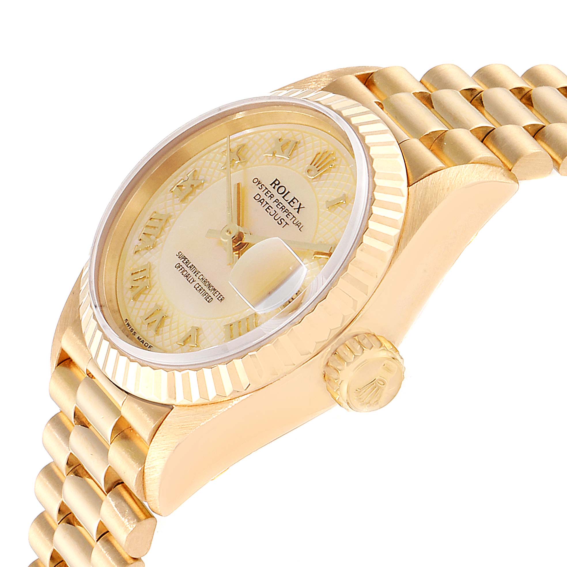 The Rolex President 69178 Women's Yellow Gold Mother of Pearl Dial 69178 Women's Yellow Gold Mother of Pearl Dial model watch is shown at an angle highlighting the face, date magnifier, crown, and part of the bracelet.