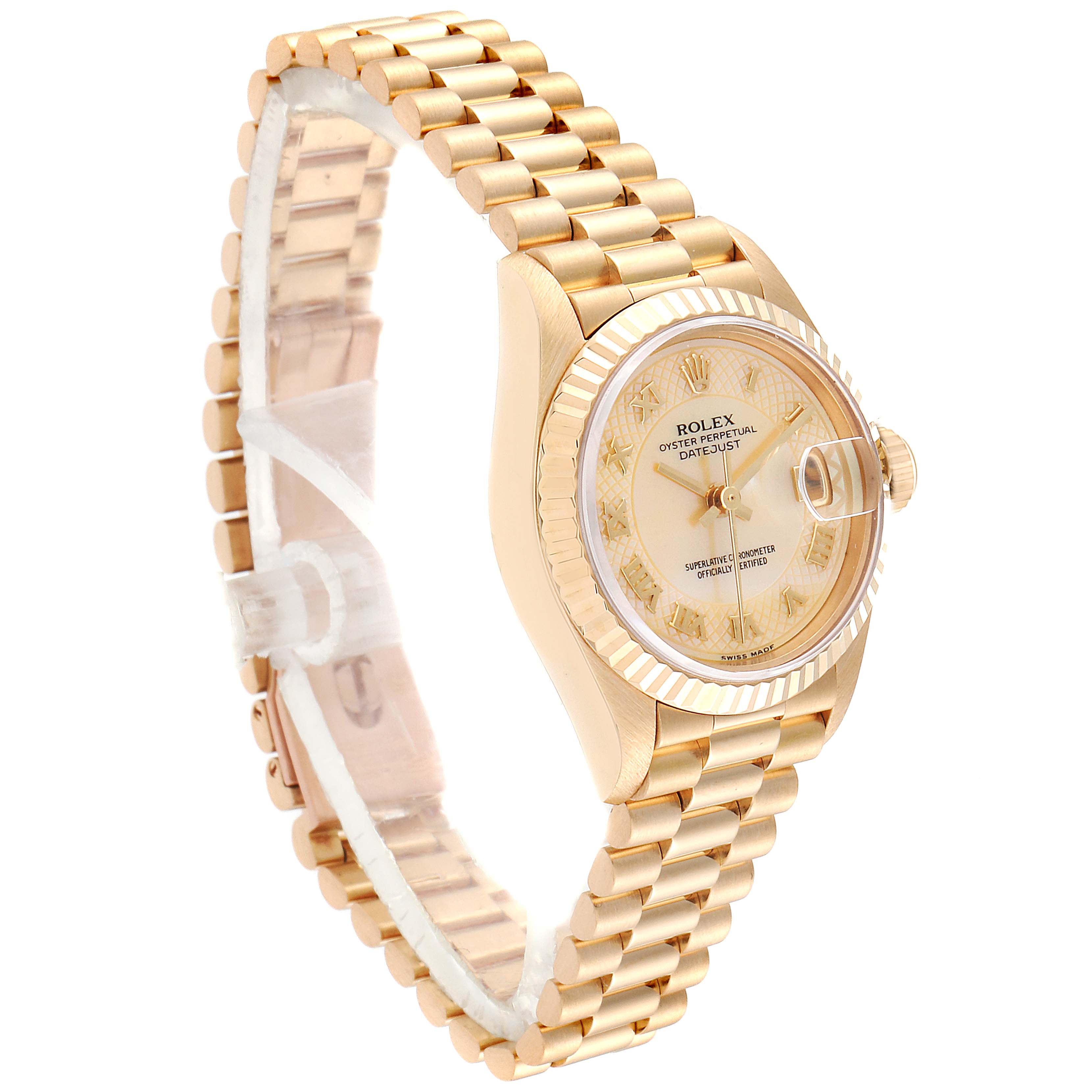 The image shows a side angle view of a Rolex President 69178 Women's Yellow Gold Mother of Pearl Dial 69178 Women's Yellow Gold Mother of Pearl Dial model watch including its gold bracelet, case, dial, and bezel.