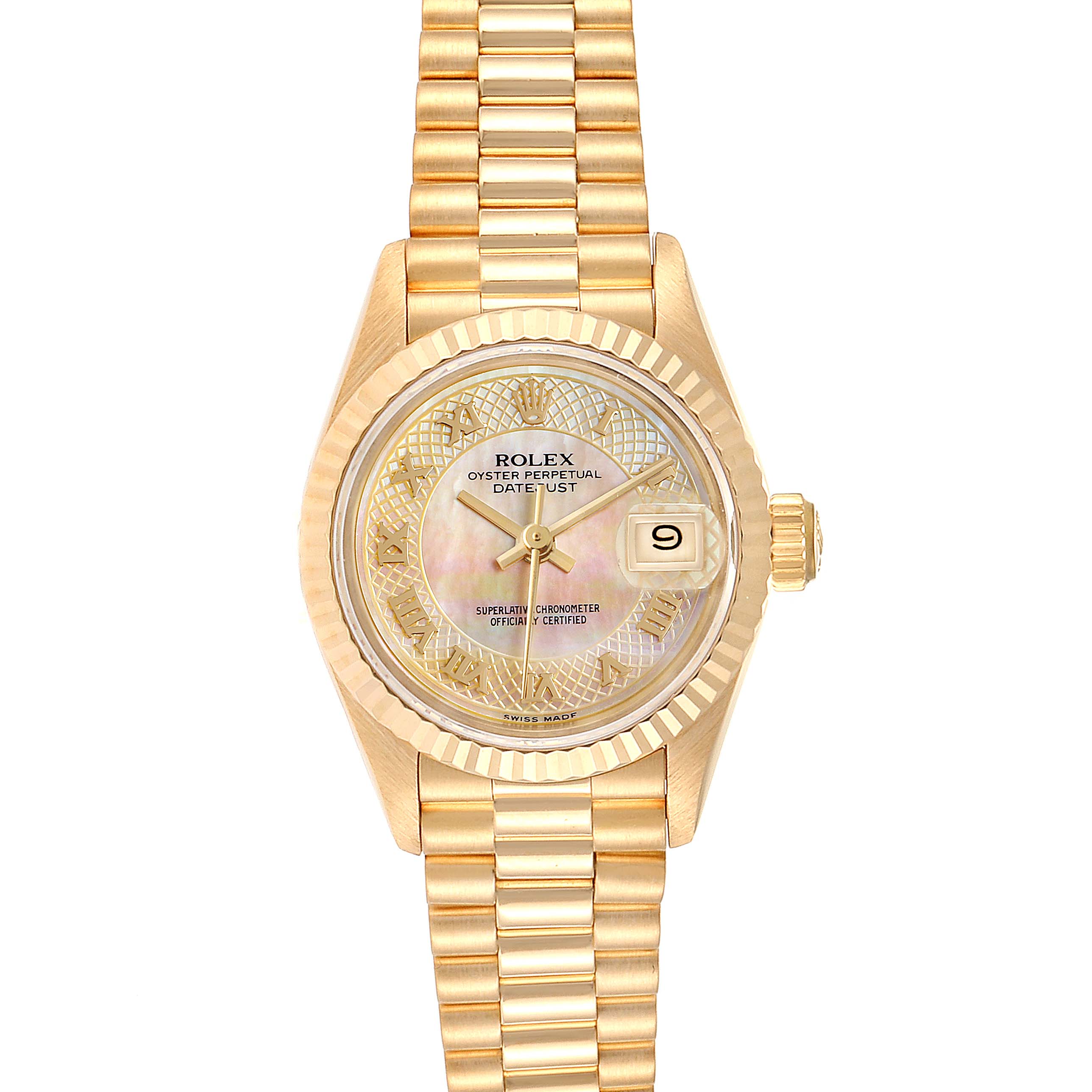 The image shows a front view of a Rolex President 69178 Women's Yellow Gold Mother of Pearl Dial 69178 Women's Yellow Gold Mother of Pearl Dial model watch, displaying its dial, date window, and bracelet.