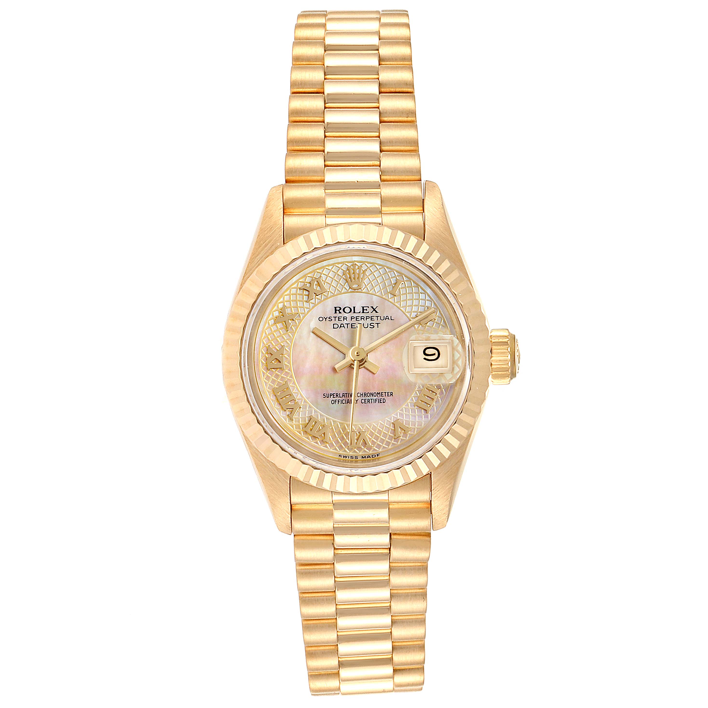 This image shows a front view of a Rolex President 69178 Women's Yellow Gold Mother of Pearl Dial 69178 Women's Yellow Gold Mother of Pearl Dial model watch, highlighting its face, bezel, and band.