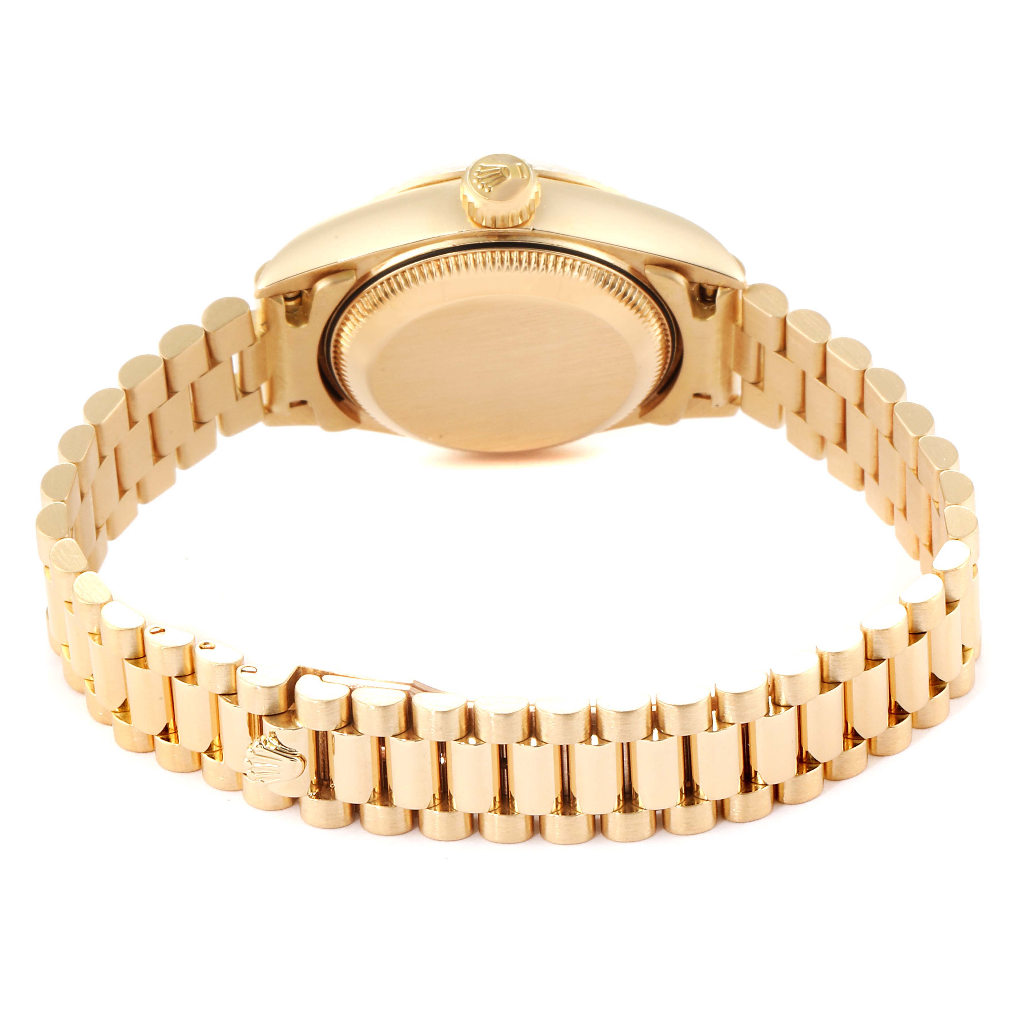 The image shows the back view of a Rolex President 69178 Women's Yellow Gold Mother of Pearl Dial 69178 Women's Yellow Gold Mother of Pearl Dial model watch, focusing on the case back and bracelet.