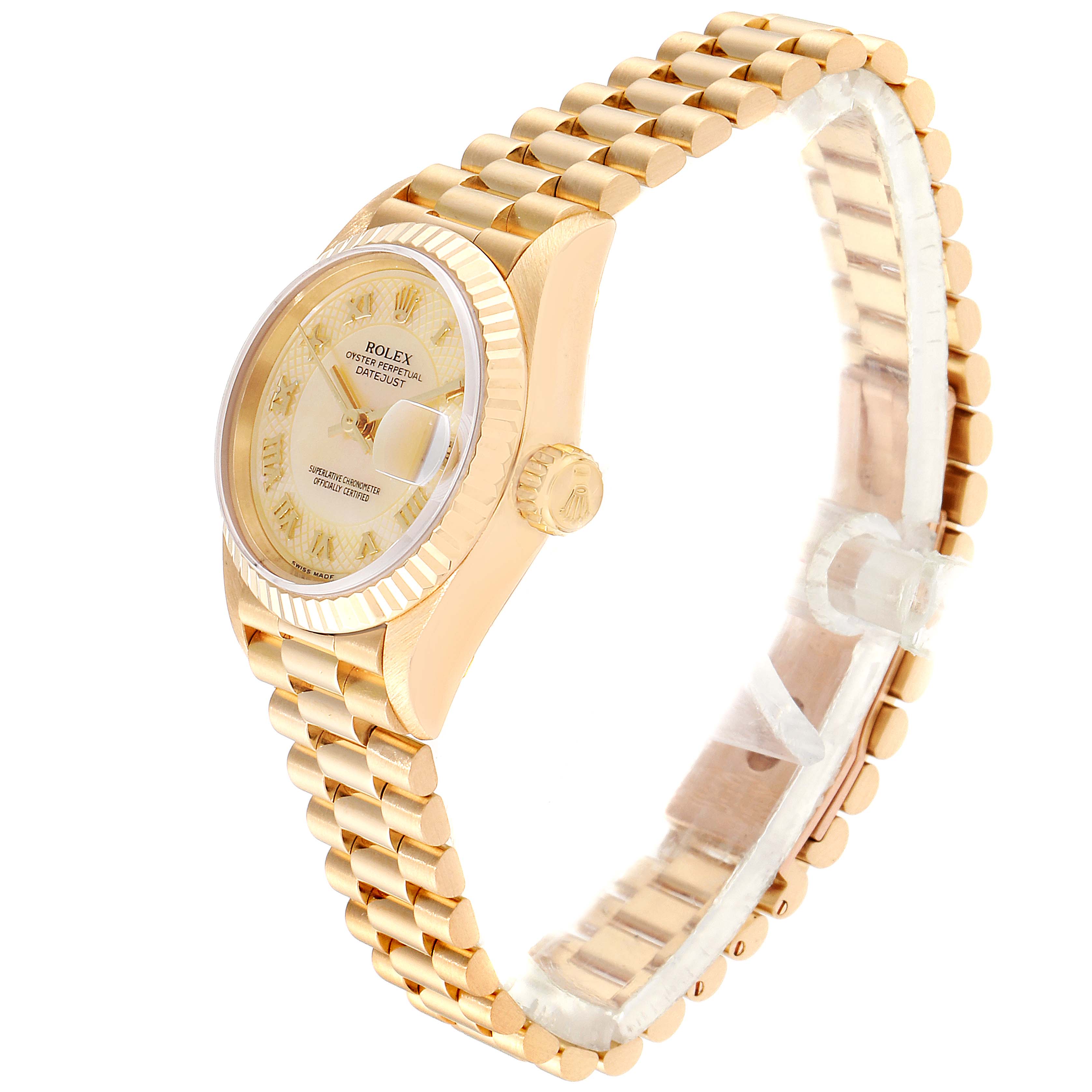 The image shows a side angle of the Rolex President 69178 Women's Yellow Gold Mother of Pearl Dial 69178 Women's Yellow Gold Mother of Pearl Dial model watch, highlighting its gold case, fluted bezel, and bracelet.