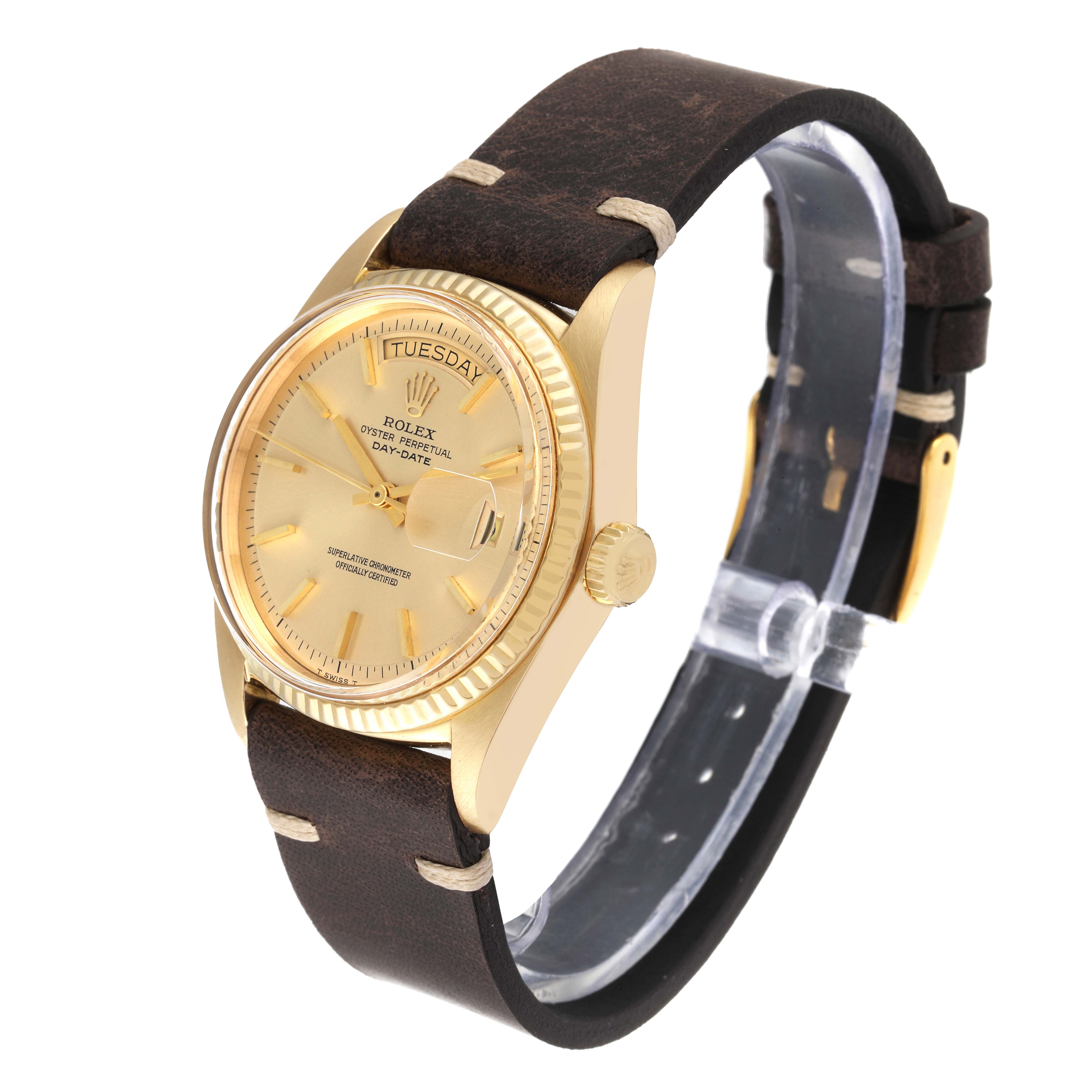 This is a Rolex Vintage Collection 1803 Men's Yellow Gold Champagne Dial 1803 Men's Yellow Gold Champagne Dial model, shown at a three-quarter angle, featuring the watch face, bezel, and leather strap.