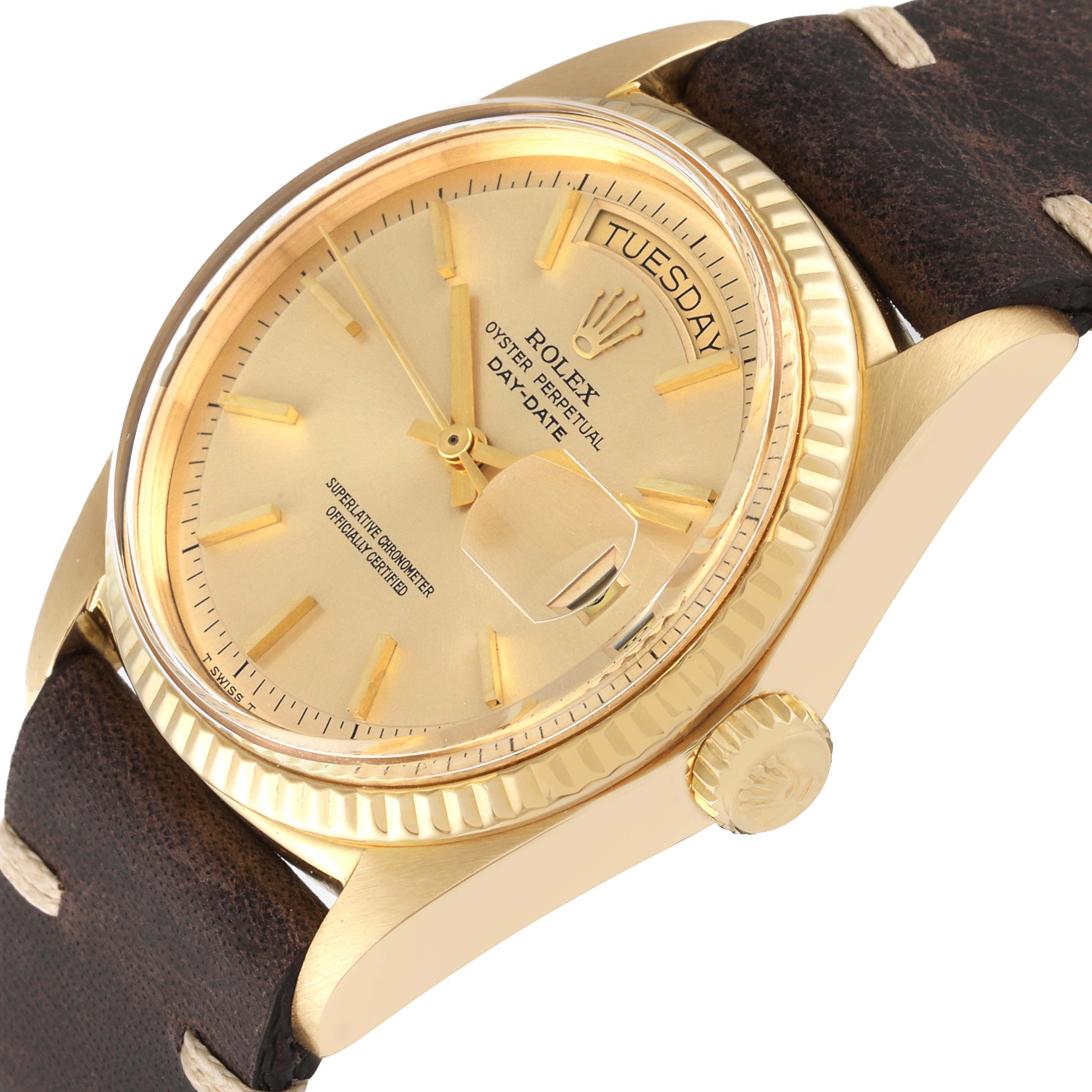 This image shows a side view of the Rolex Vintage Collection 1803 Men's Yellow Gold Champagne Dial 1803 Men's Yellow Gold Champagne Dial model with a gold case, dial, and brown leather strap.