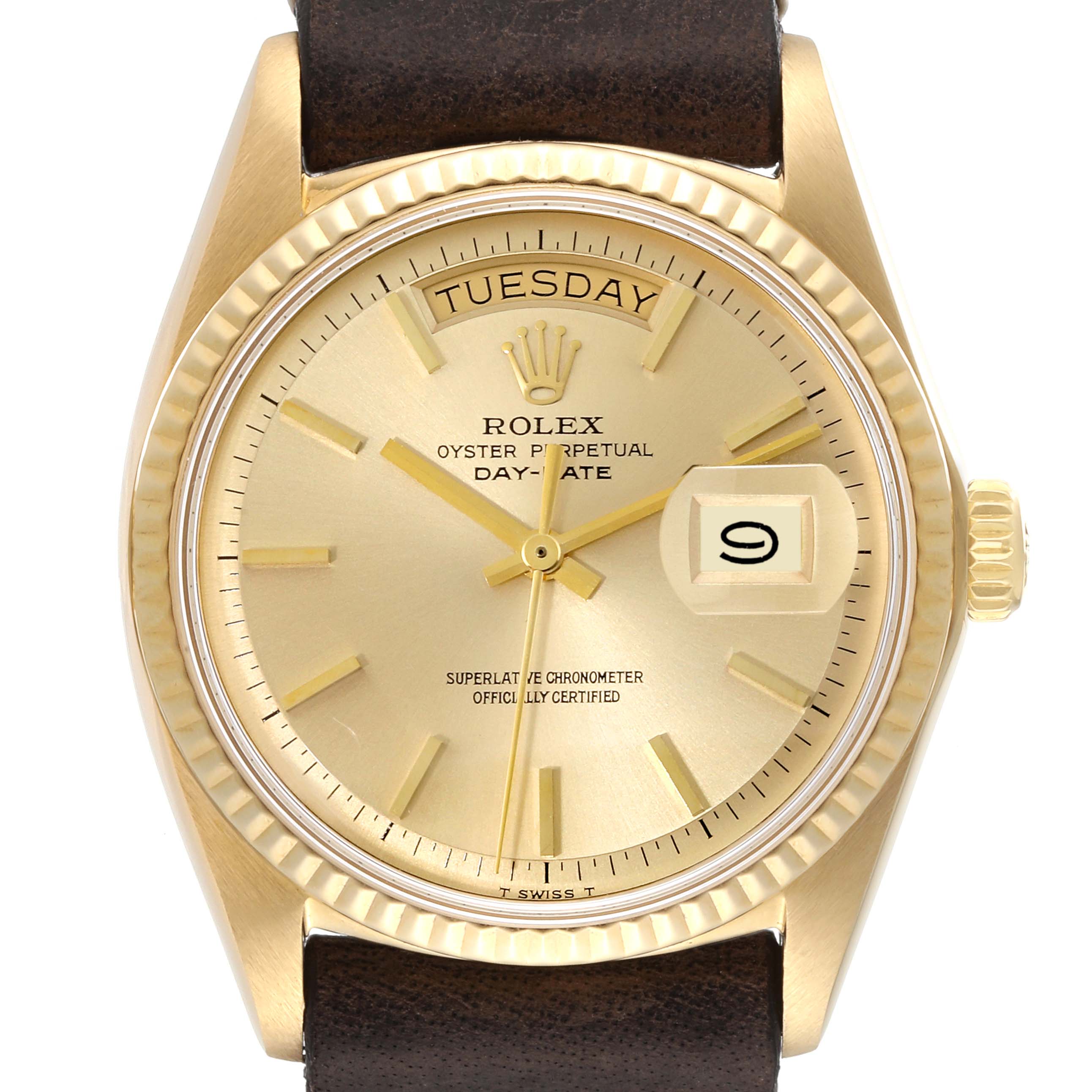 The image shows a close-up, front-facing view of a Rolex Vintage Collection 1803 Men's Yellow Gold Champagne Dial 1803 Men's Yellow Gold Champagne Dial Oyster Perpetual Day-Date watch, displaying the dial, hands, crown, and part of the strap.