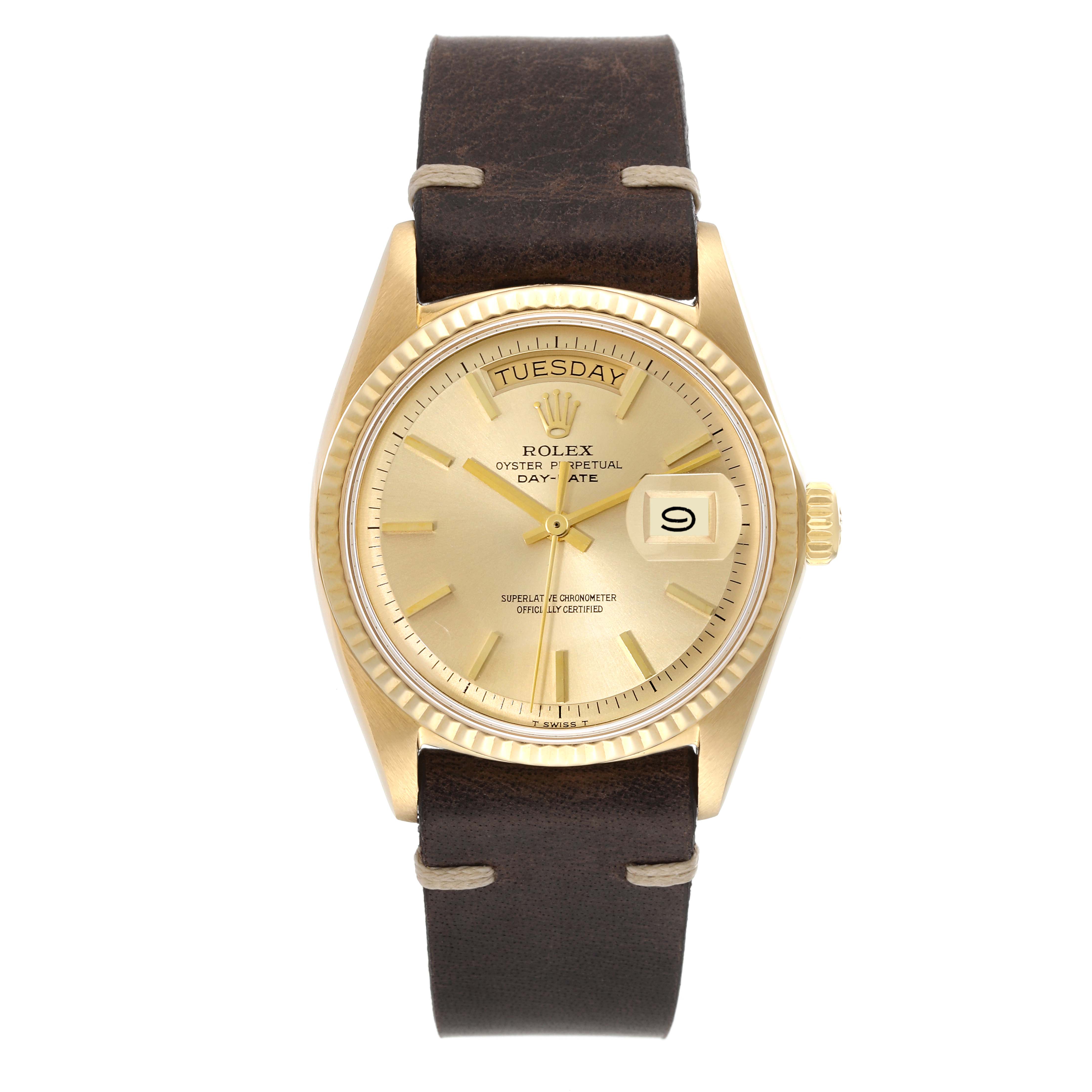 The image shows a Rolex Vintage Collection 1803 Men's Yellow Gold Champagne Dial 1803 Men's Yellow Gold Champagne Dial watch, featuring a gold bezel, brown leather strap, and day-date display, from a front-facing angle.