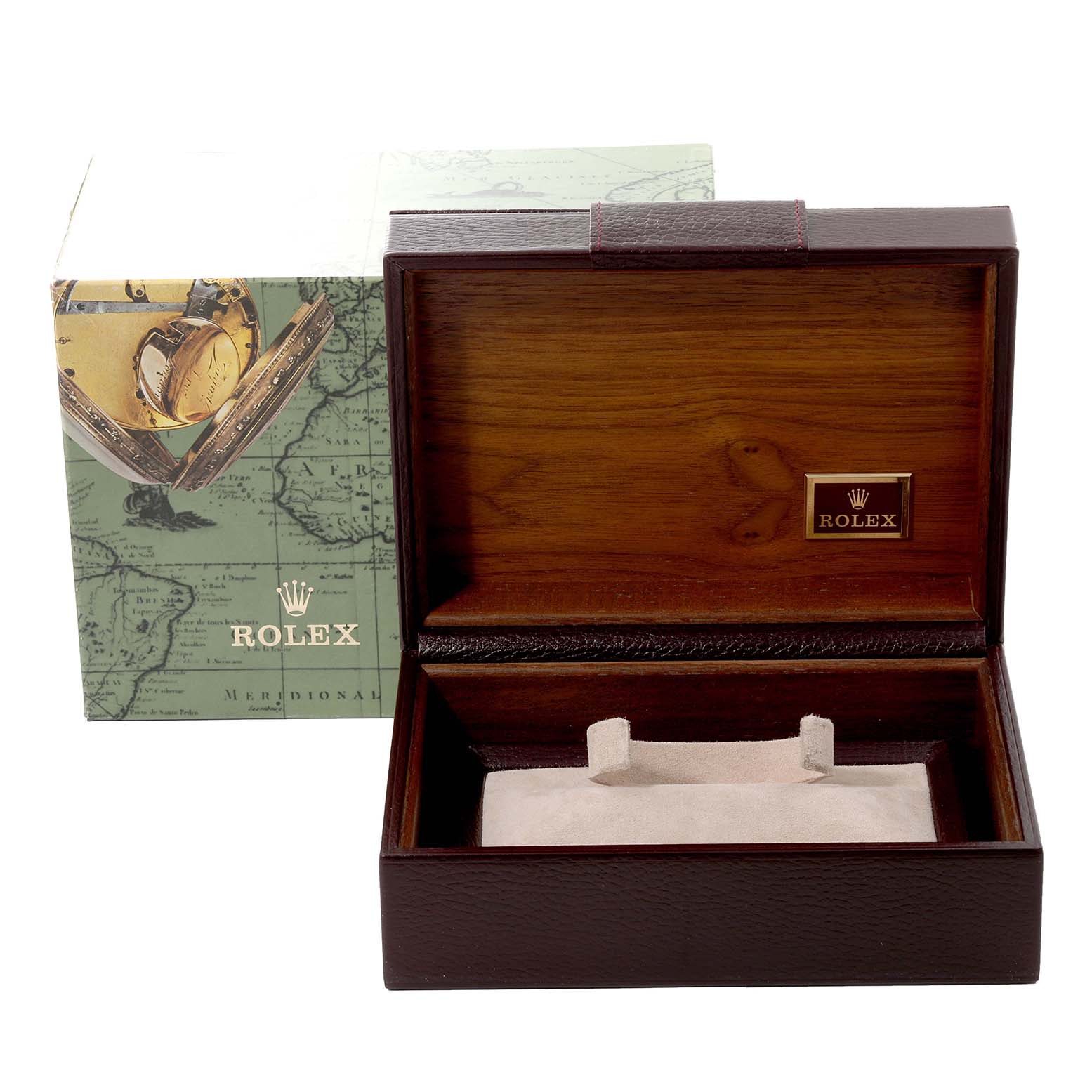The image shows the packaging for a Rolex President 18389MG Men's White Gold Silver Dial 18389MG Men's White Gold Silver Dial model watch, including an open wooden box and a branded outer box.