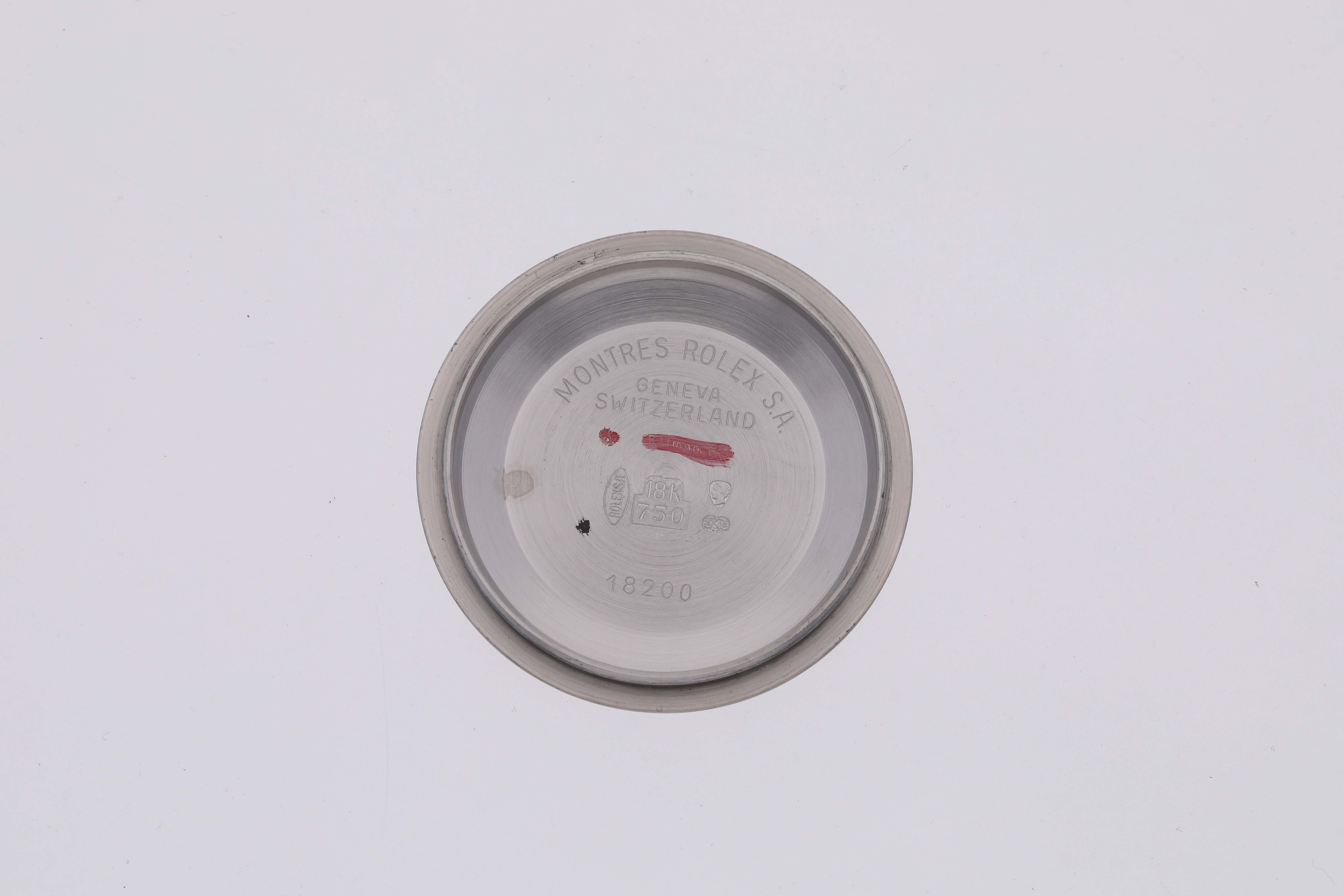 The image shows the case back of a Rolex President 18389MG Men's White Gold Silver Dial 18389MG Men's White Gold Silver Dial model watch, viewed from the inner side facing up.