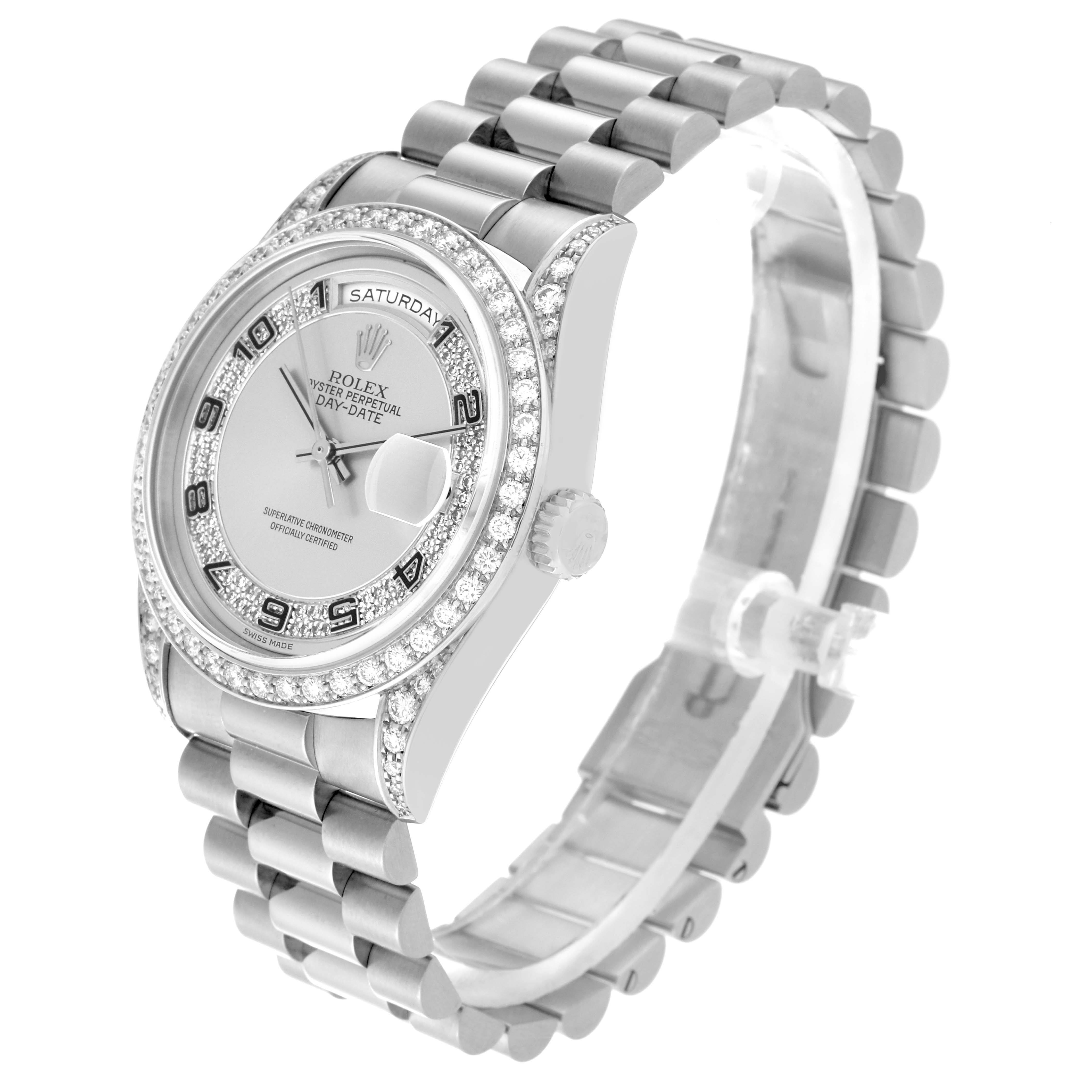 This image shows a Rolex President 18389MG Men's White Gold Silver Dial 18389MG Men's White Gold Silver Dial model watch from a three-quarter angle, focusing on its face, bezel, and bracelet.