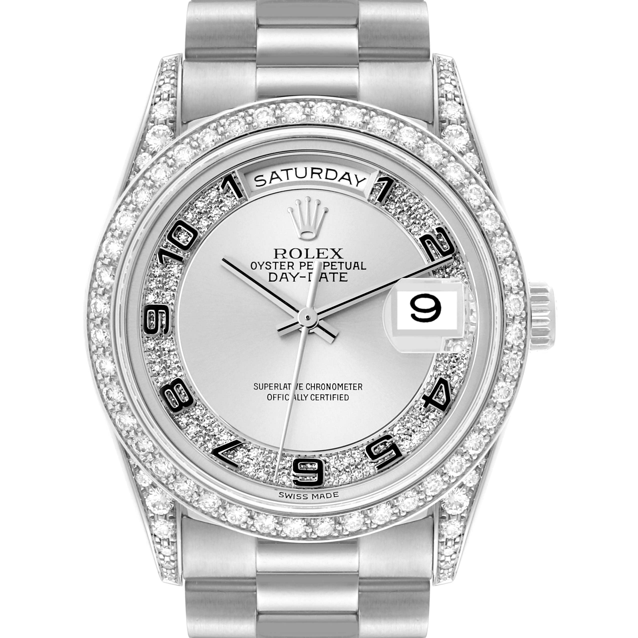 The image shows a frontal view of the Rolex President 18389MG Men's White Gold Silver Dial 18389MG Men's White Gold Silver Dial model watch, highlighting its face, bezel, and part of the bracelet.
