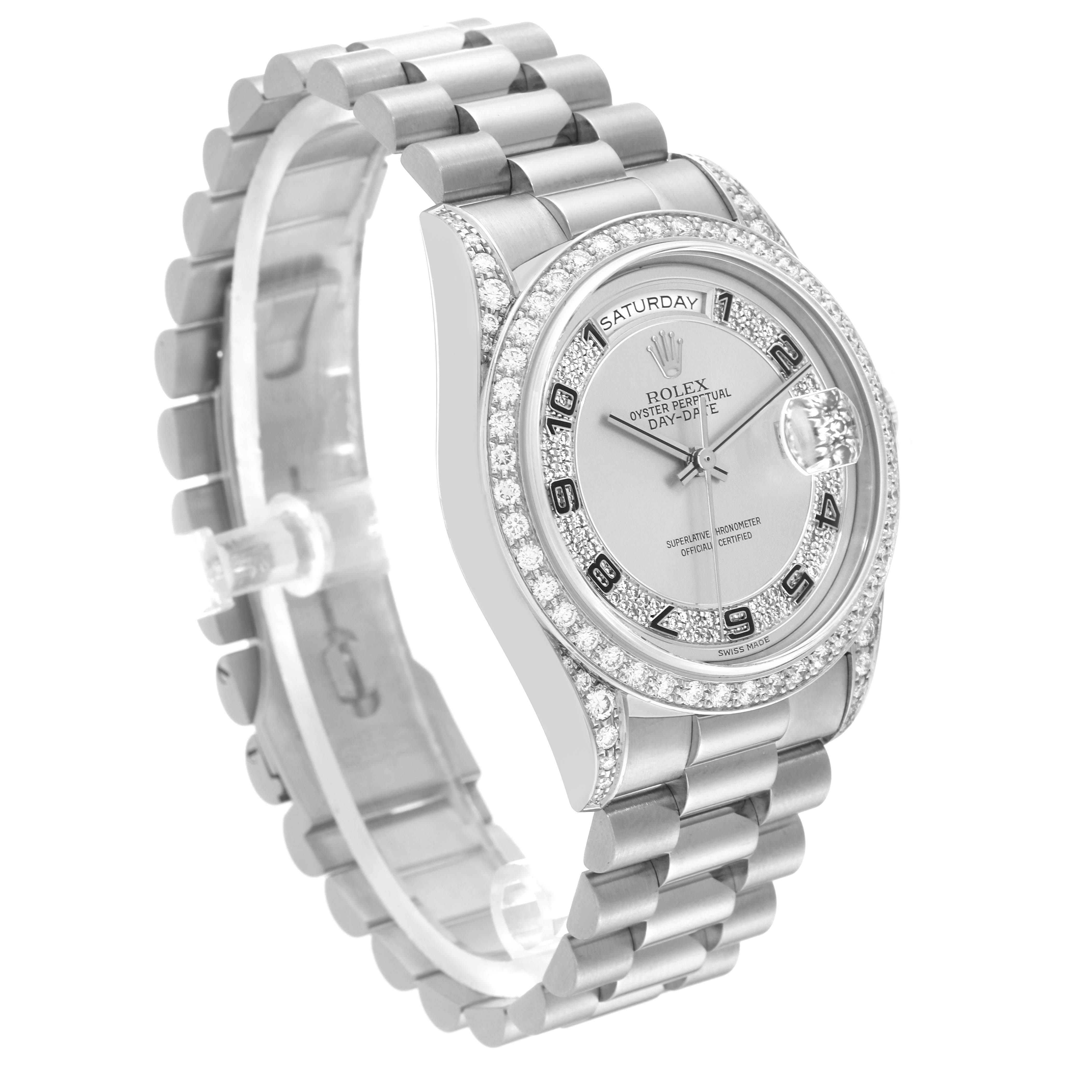 The image shows a side view of a Rolex President 18389MG Men's White Gold Silver Dial 18389MG Men's White Gold Silver Dial model watch, highlighting its band, crown, and diamond-encrusted bezel.