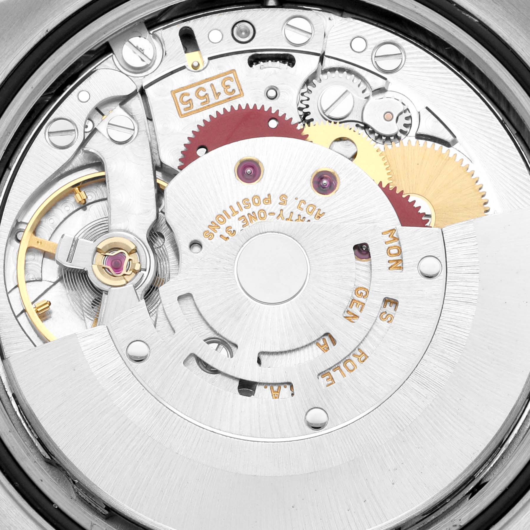 This close-up image shows the intricate internal movement of a Rolex President 18389MG Men's White Gold Silver Dial 18389MG Men's White Gold Silver Dial model watch with visible gears and markings.