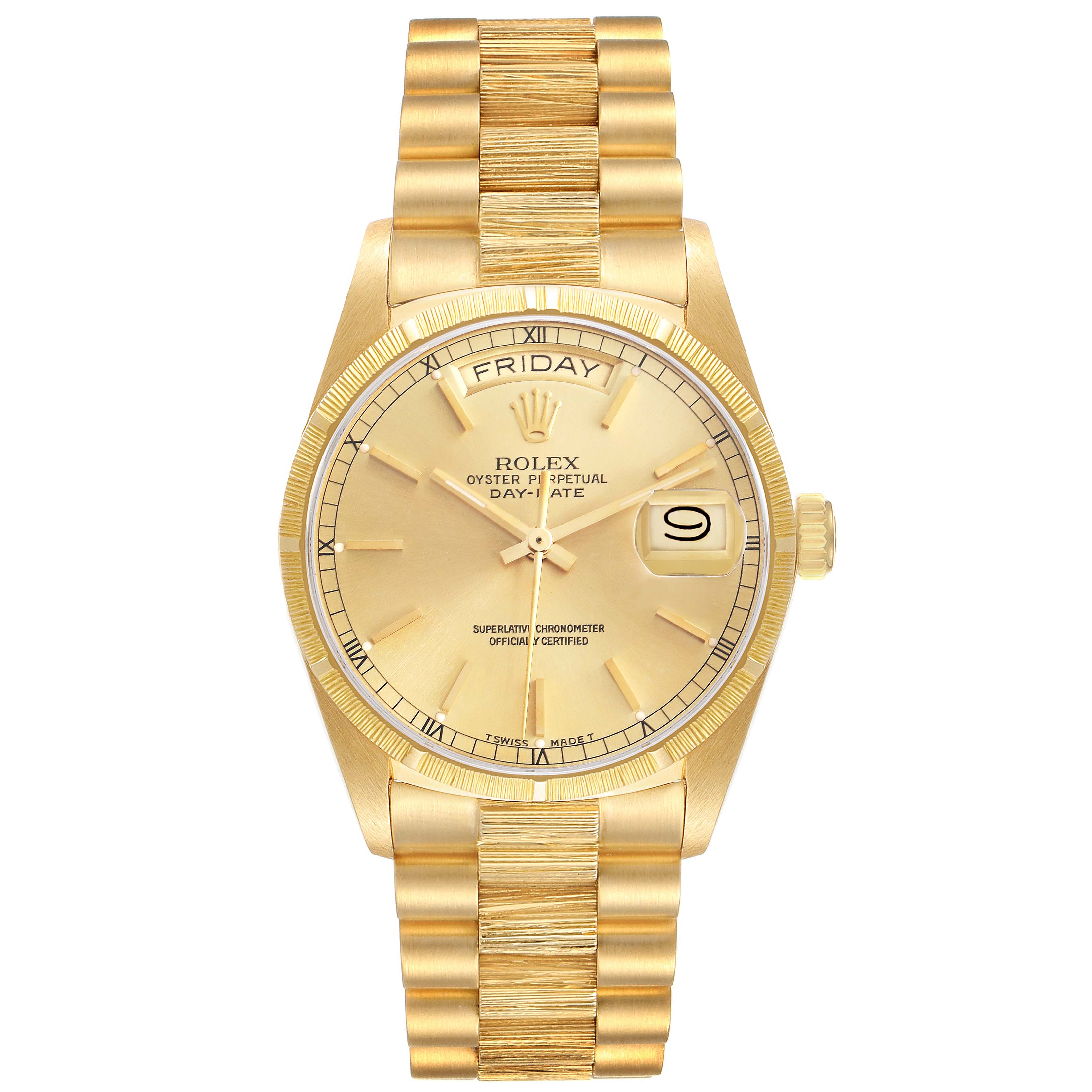 The Rolex President 18078 Men's Yellow Gold Champagne Dial 18078 Men's Yellow Gold Champagne Dial watch is shown from a top view, highlighting its face, bracelet, and crown.