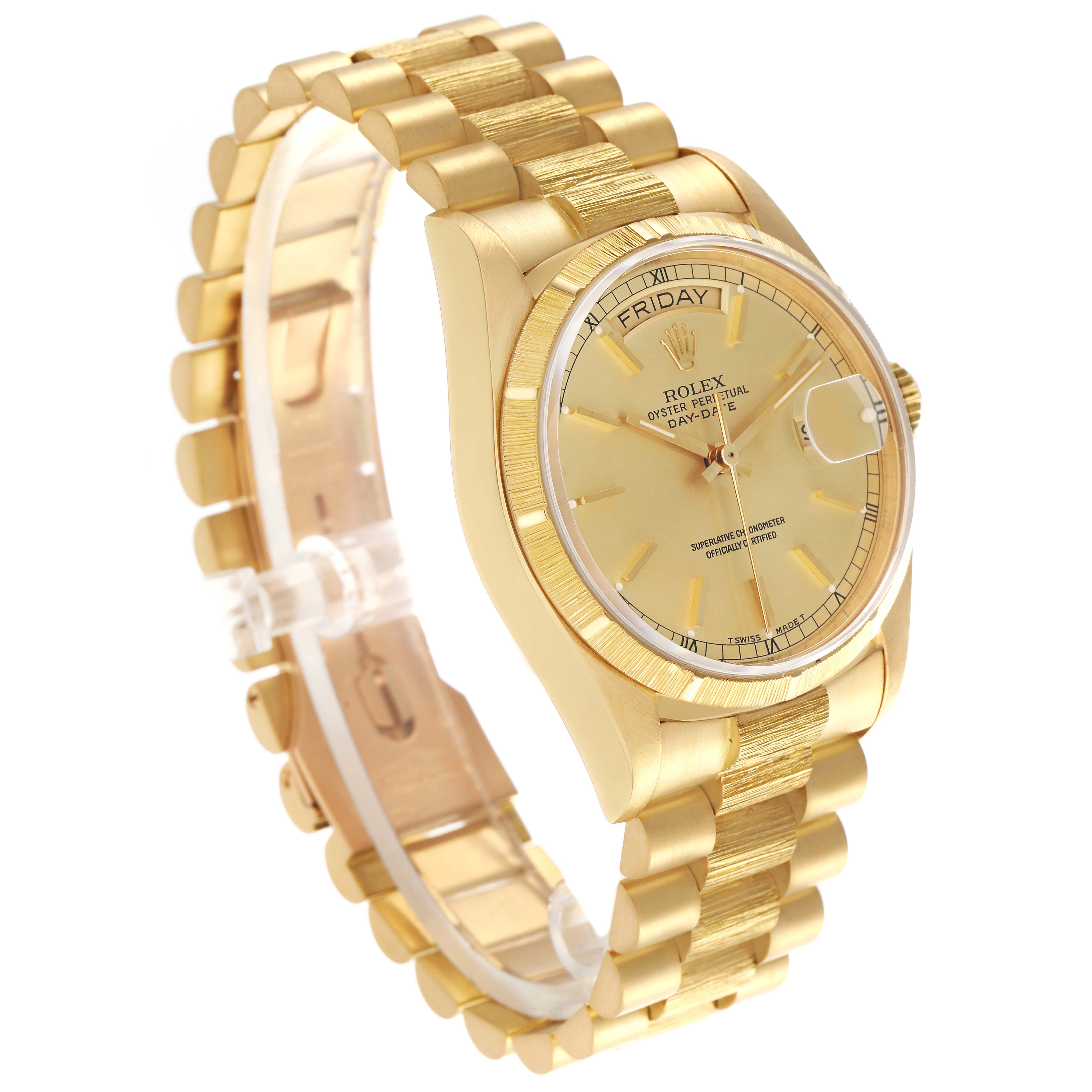 The Rolex President 18078 Men's Yellow Gold Champagne Dial 18078 Men's Yellow Gold Champagne Dial model is shown at a three-quarter angle, highlighting the face, bezel, and bracelet.