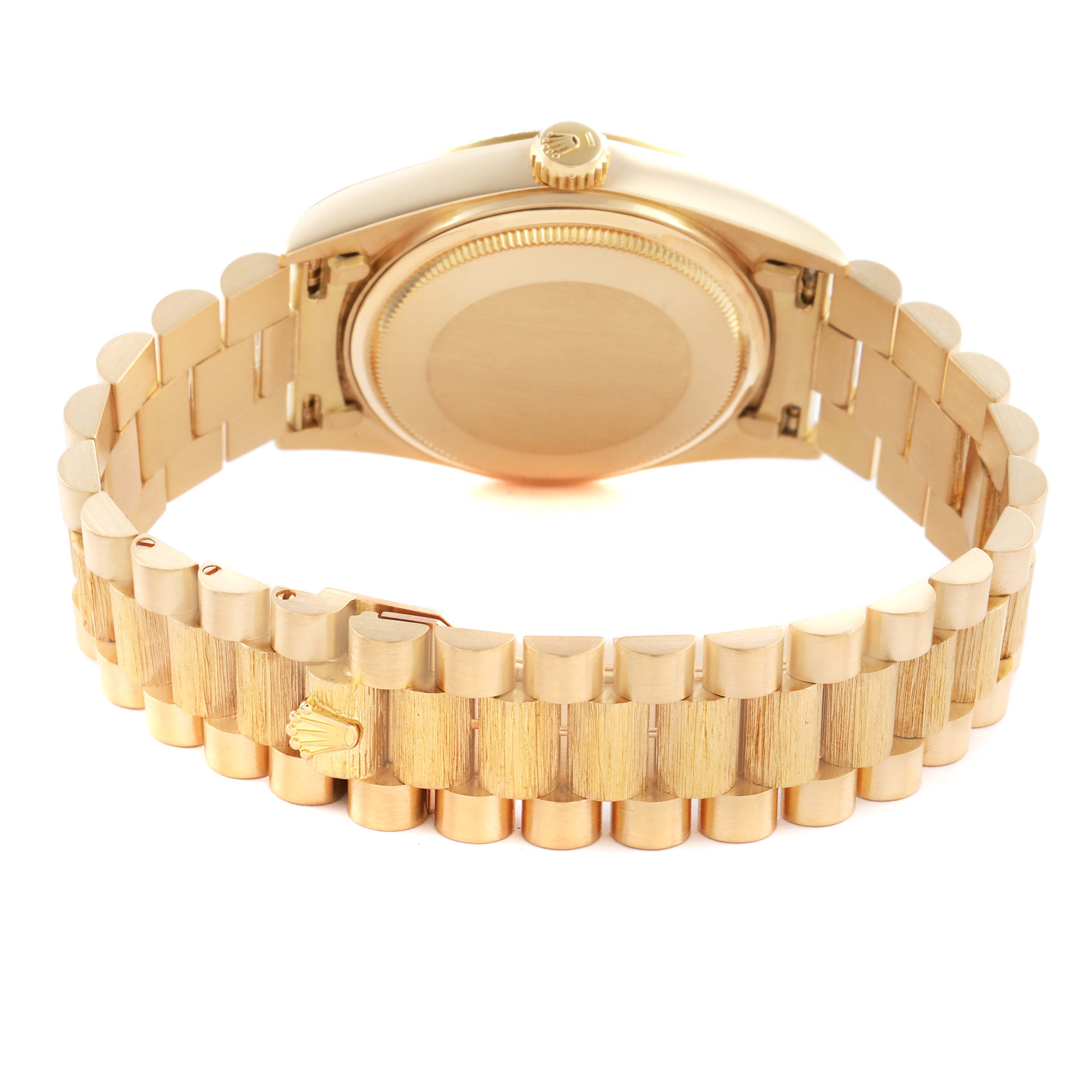 The image shows the back and bracelet of a Rolex President 18078 Men's Yellow Gold Champagne Dial 18078 Men's Yellow Gold Champagne Dial model, highlighting the clasp and case back.