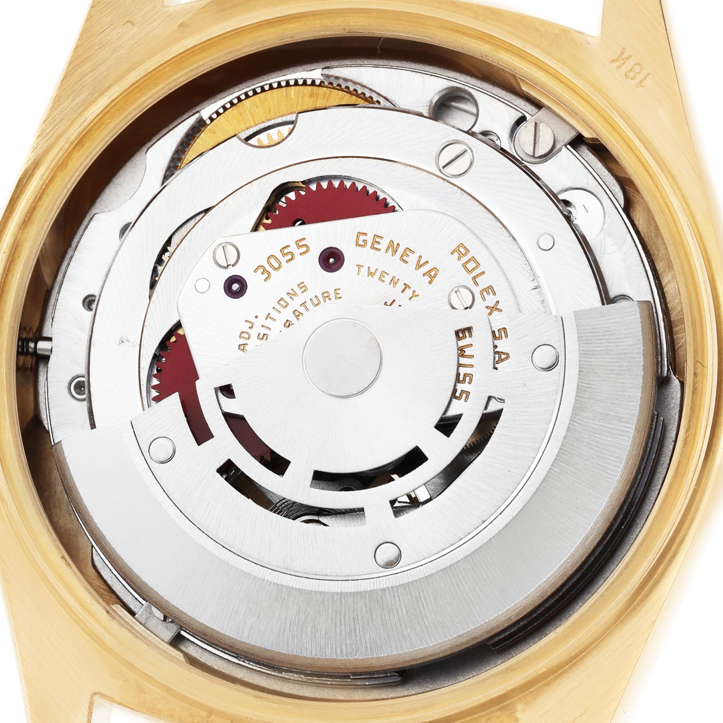 The image shows the movement mechanism of a Rolex President 18078 Men's Yellow Gold Champagne Dial 18078 Men's Yellow Gold Champagne Dial watch from the back.
