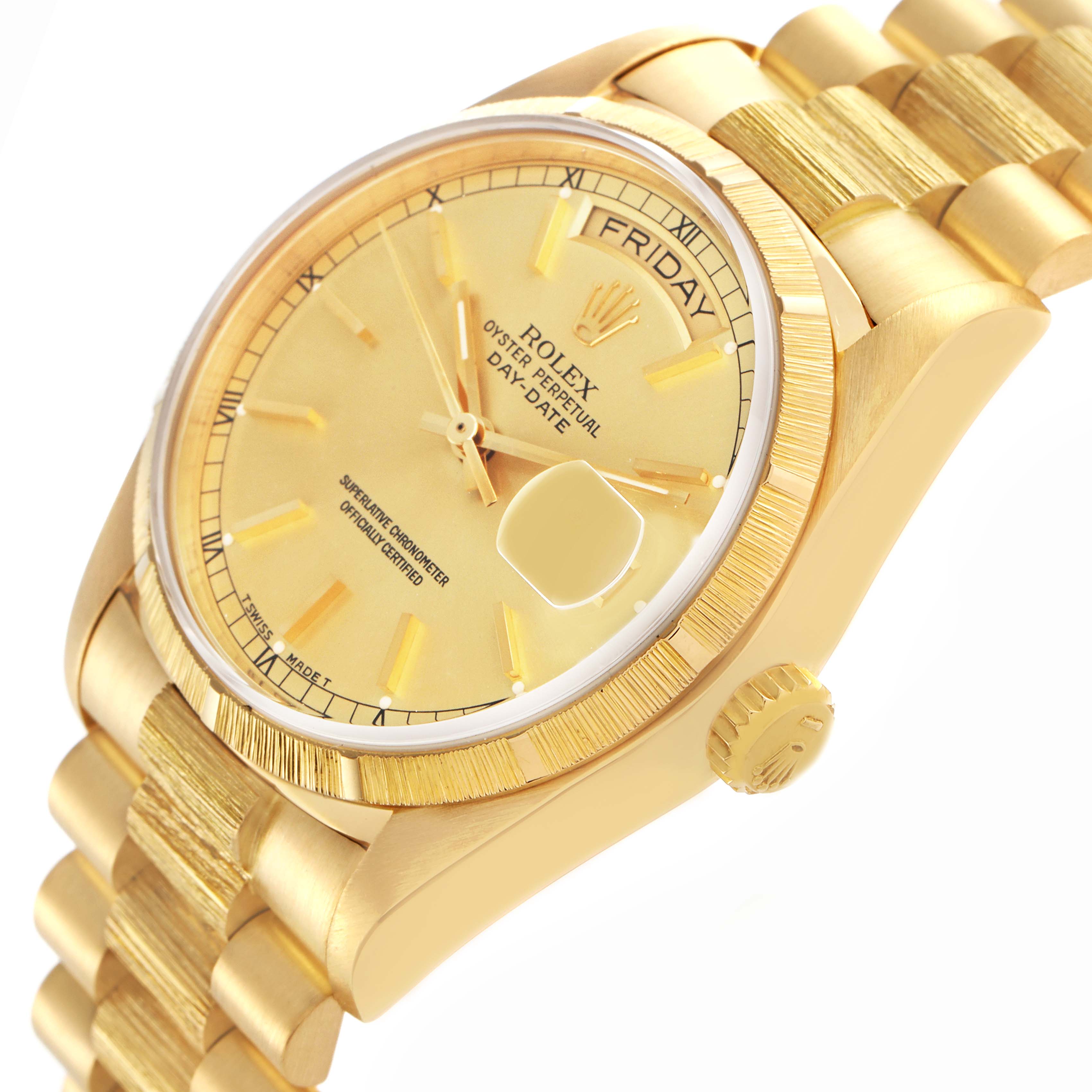 The Rolex President 18078 Men's Yellow Gold Champagne Dial 18078 Men's Yellow Gold Champagne Dial model watch is shown at a three-quarter angle, highlighting the dial, bezel, crown, and part of the band.