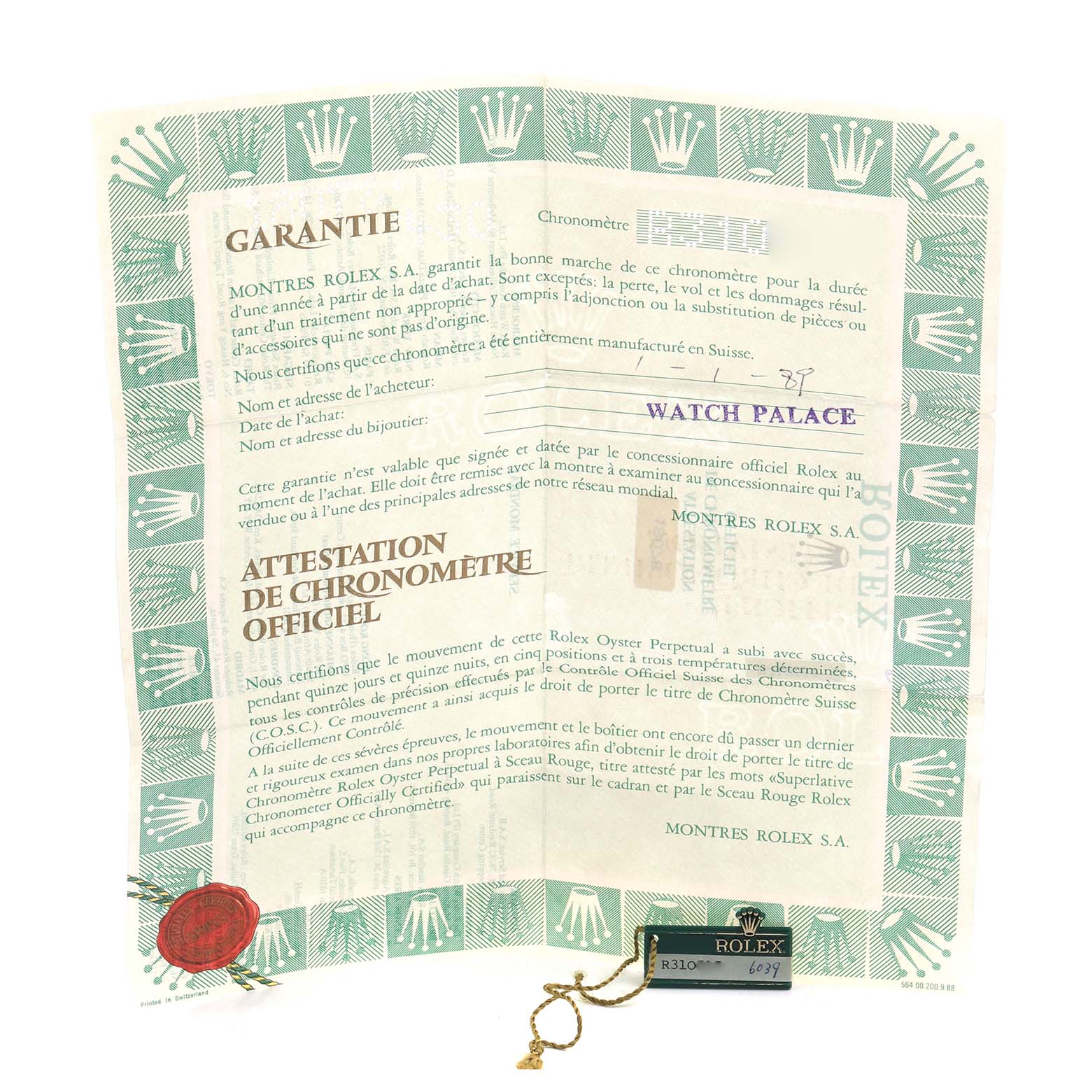 The image shows the official papers and a tag for the Rolex President 18078 Men's Yellow Gold Champagne Dial 18078 Men's Yellow Gold Champagne Dial model, capturing details like warranty information and branding.