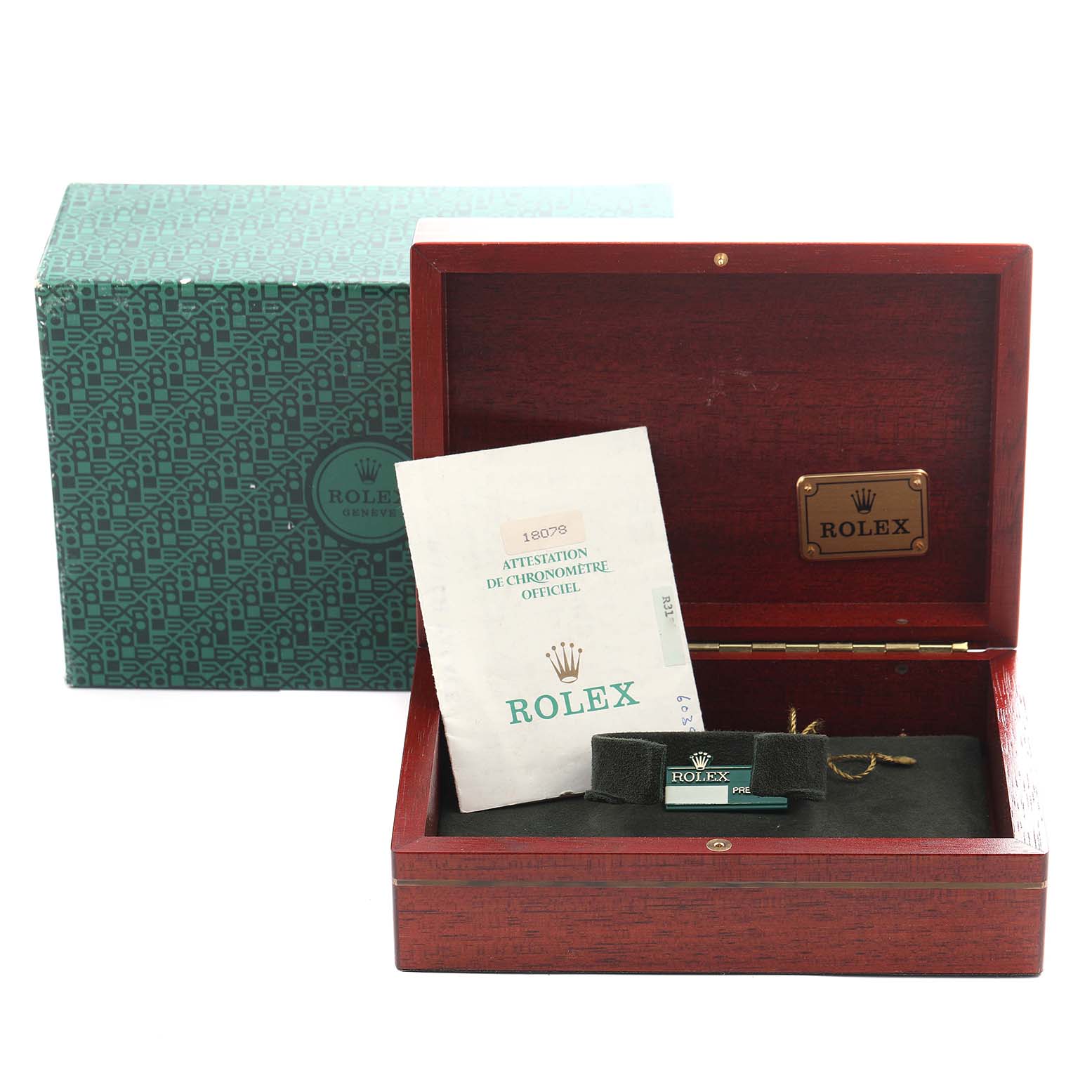 The image shows a Rolex President 18078 Men's Yellow Gold Champagne Dial 18078 Men's Yellow Gold Champagne Dial model box, documentation, and packaging viewed from the front.