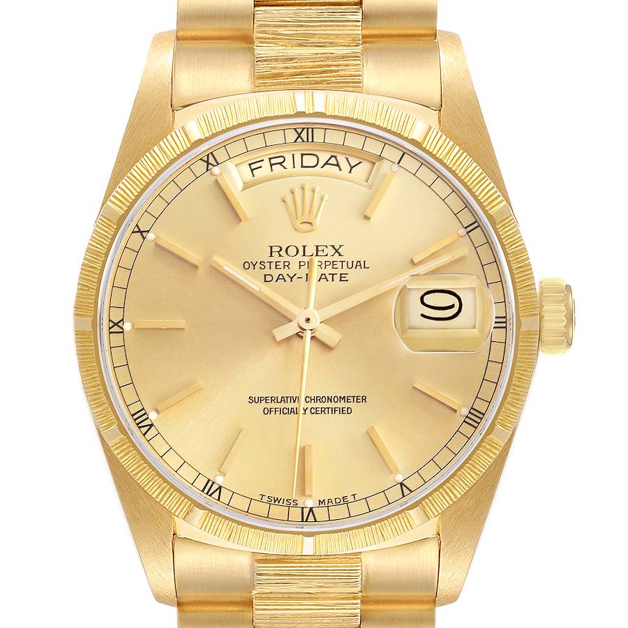 The Rolex President model watch is shown from a front angle, displaying the dial, bezel, crown, and part of the bracelet.