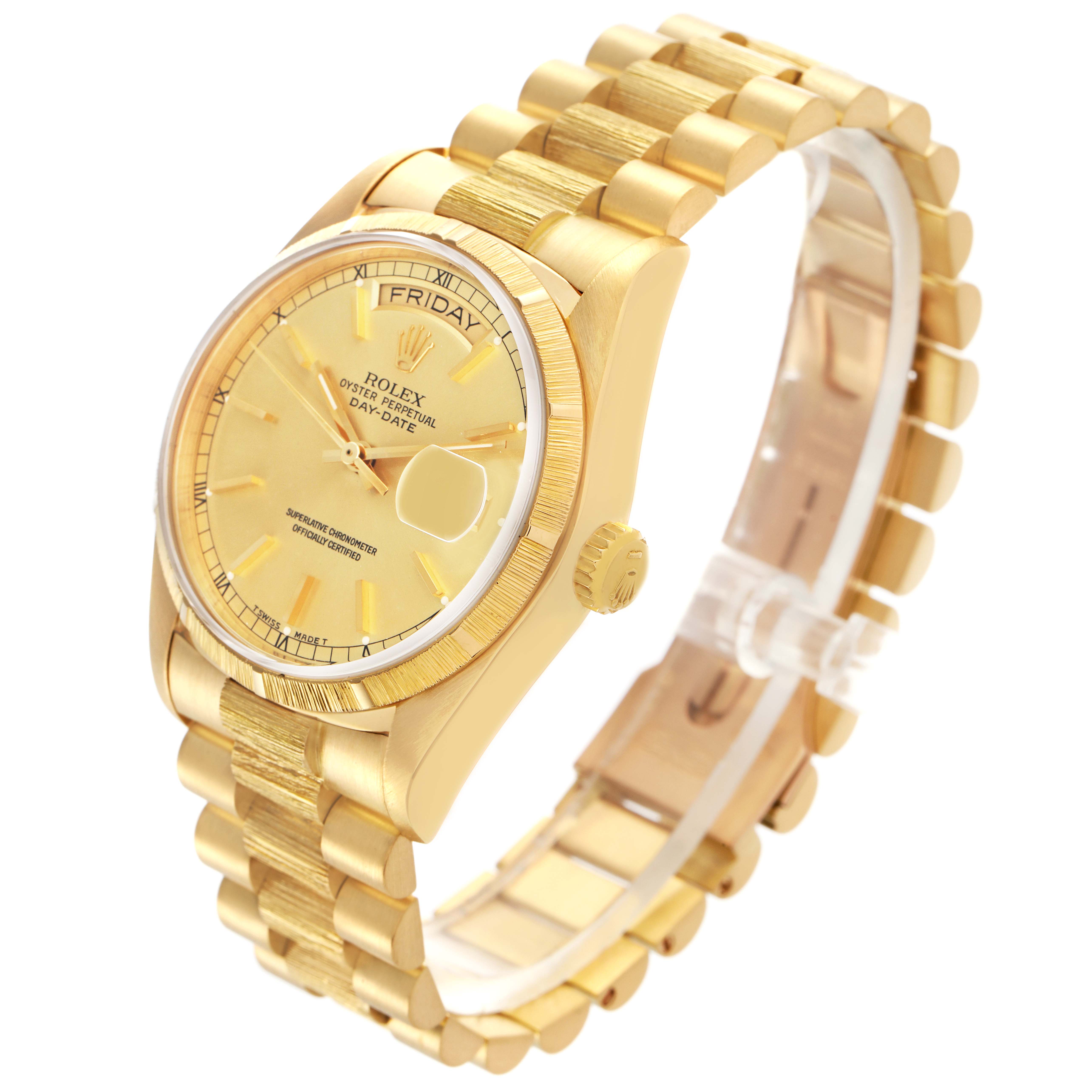 The Rolex President 18078 Men's Yellow Gold Champagne Dial 18078 Men's Yellow Gold Champagne Dial model is shown from a side angle, displaying its gold bracelet, crown, and partially the dial.