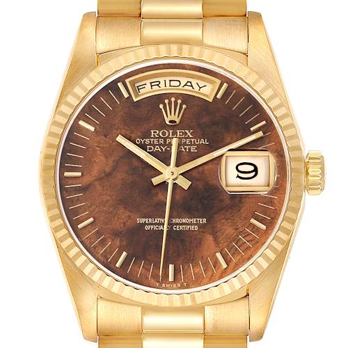 Photo of Rolex President Day-Date Yellow Gold Burl Wood Dial Mens Watch 18238
