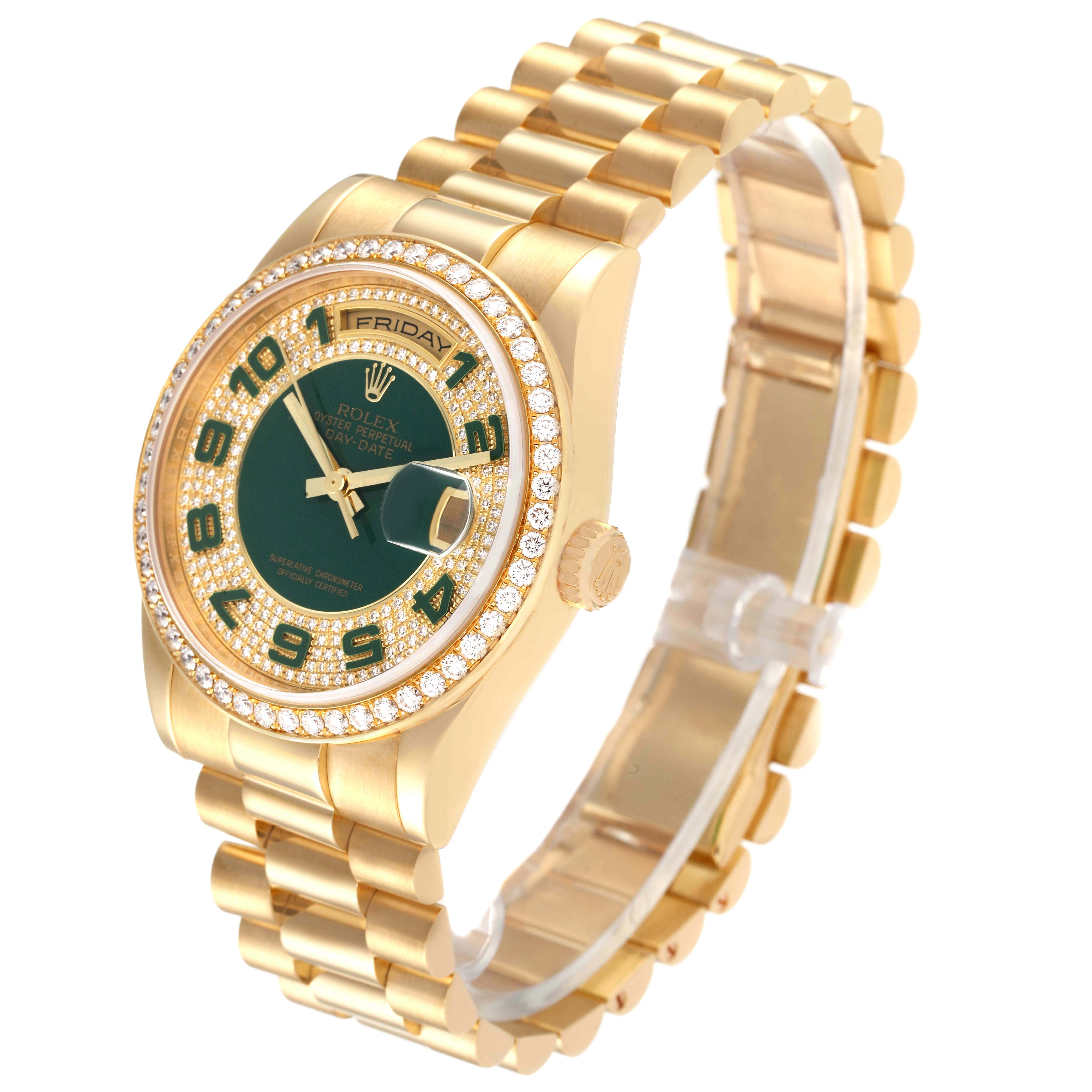 The Rolex President 118348 Men's Yellow Gold Green Dial model watch is shown at an angled side view, displaying its bracelet, dial, and diamond-encrusted bezel.