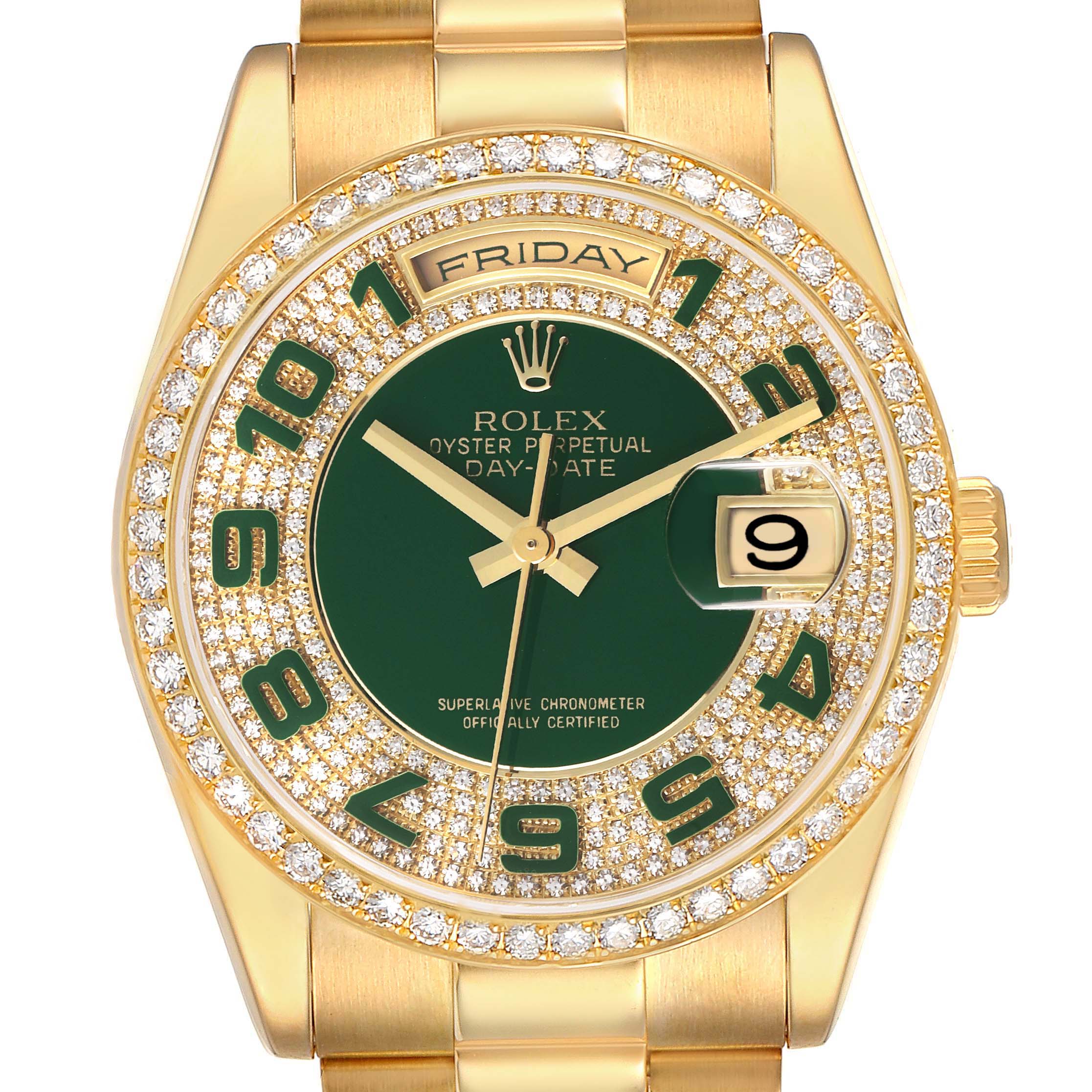 The image shows a frontal view of a Rolex President 118348 Men's Yellow Gold Green Dial model watch with a gold case, green dial, diamond bezel, and day-date display.