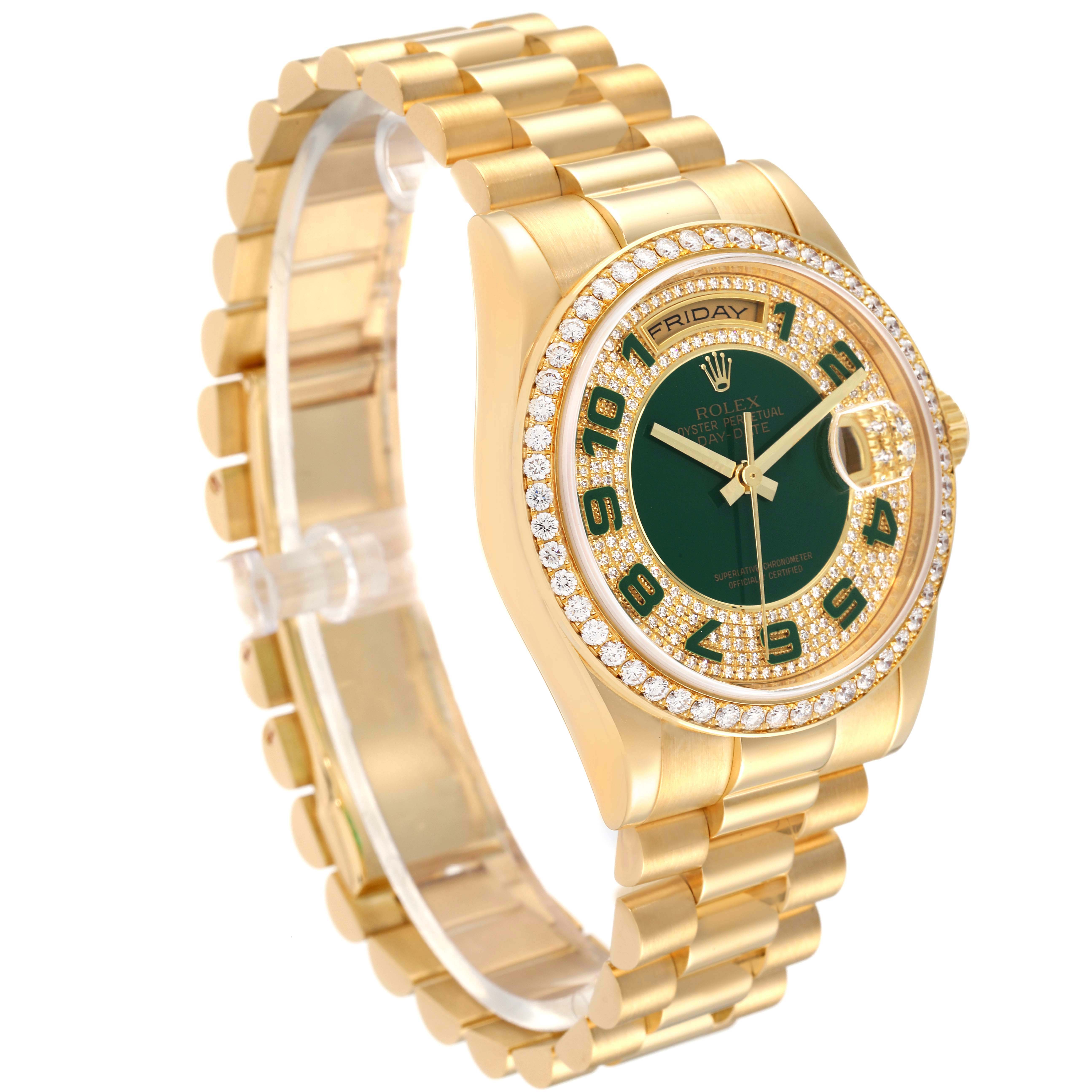 The Rolex President 118348 Men's Yellow Gold Green Dial model watch is shown at an angle highlighting its gold bracelet, green dial, and diamond-encrusted bezel.